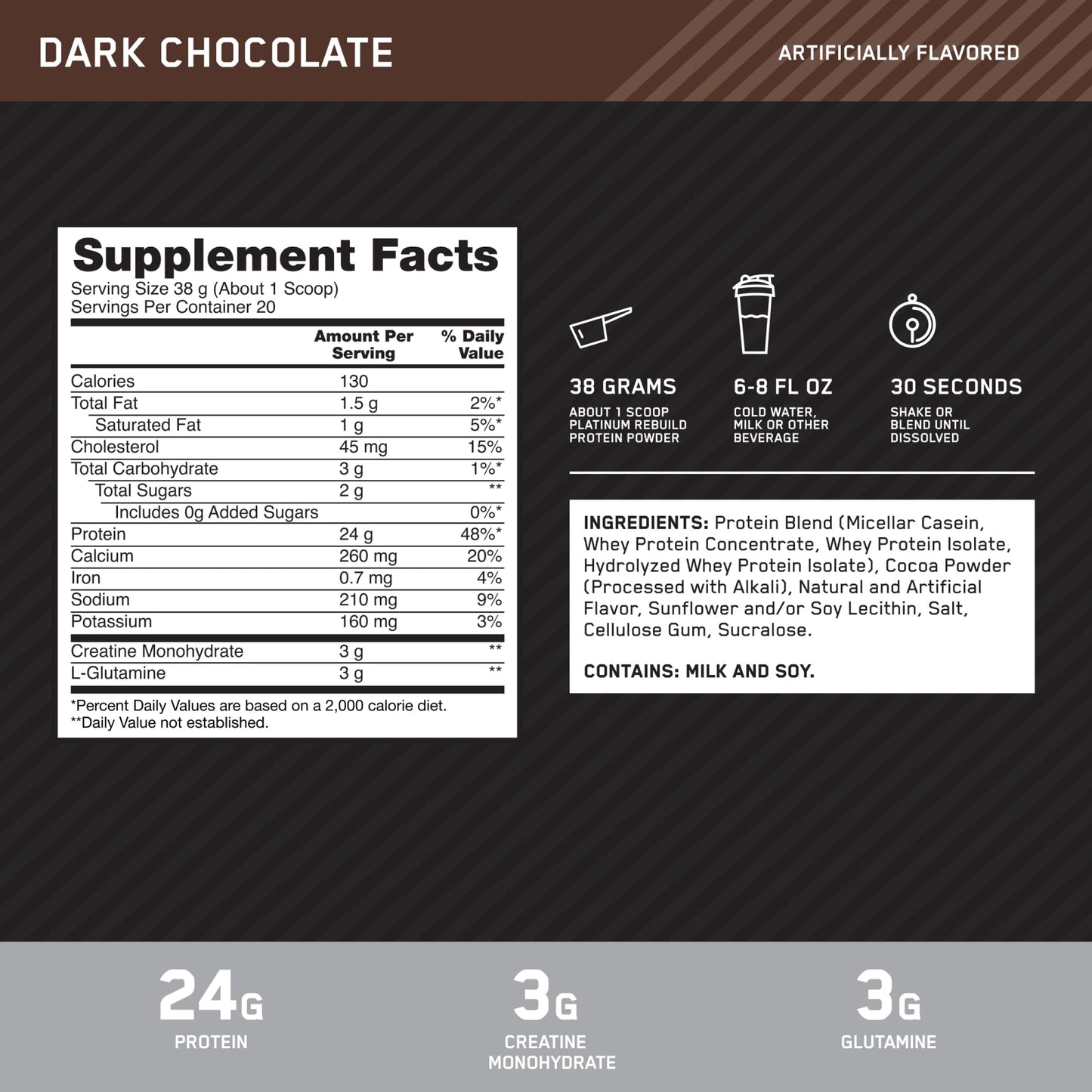 Optimum Nutrition Platinum Rebuild Premium Platinum Blend Protein Powder with Creatine Monohydrate, Dark Chocolate, 20 Servings