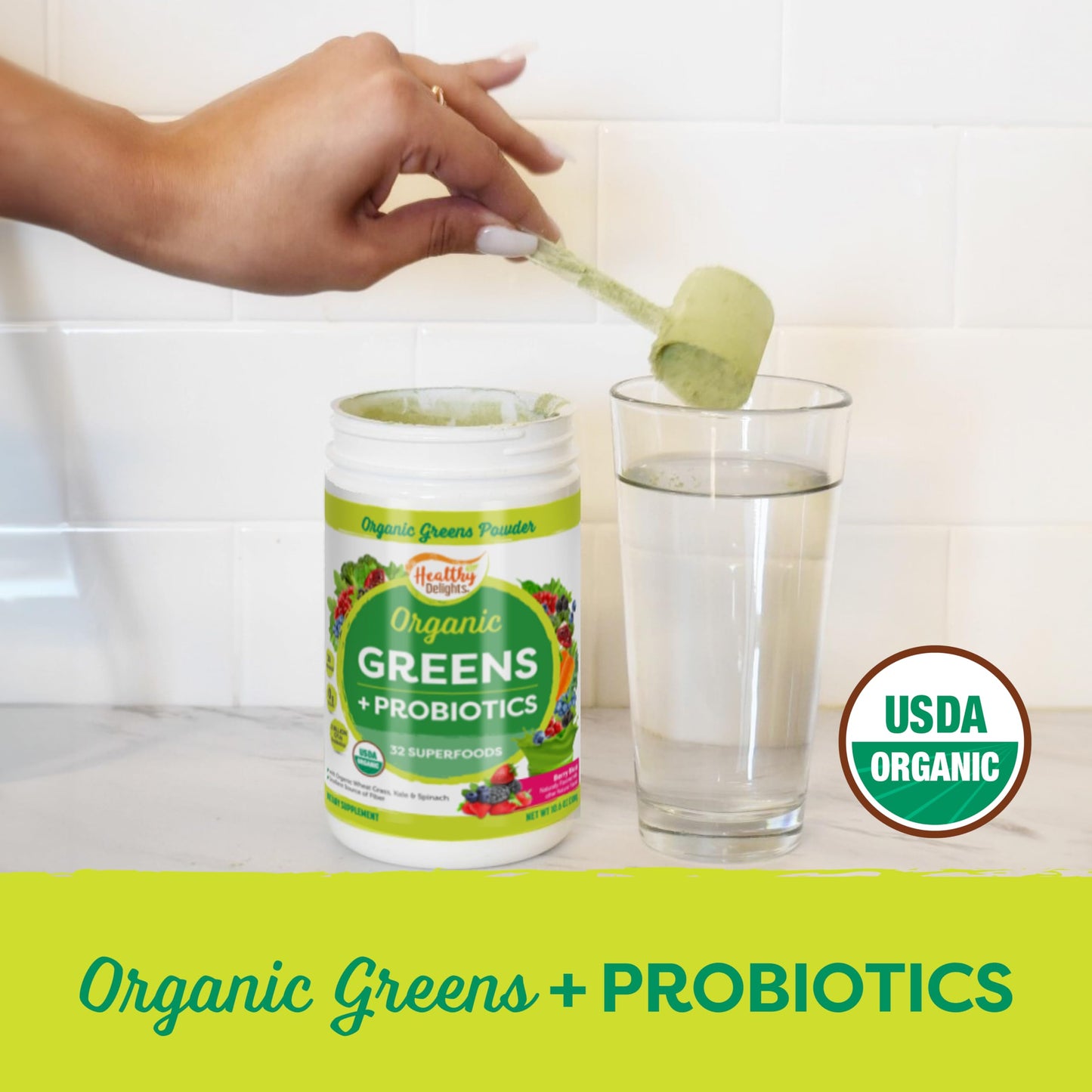Healthy Delights Organic Greens + Probiotics Powder Berry Flavor, 10.5 Ounce