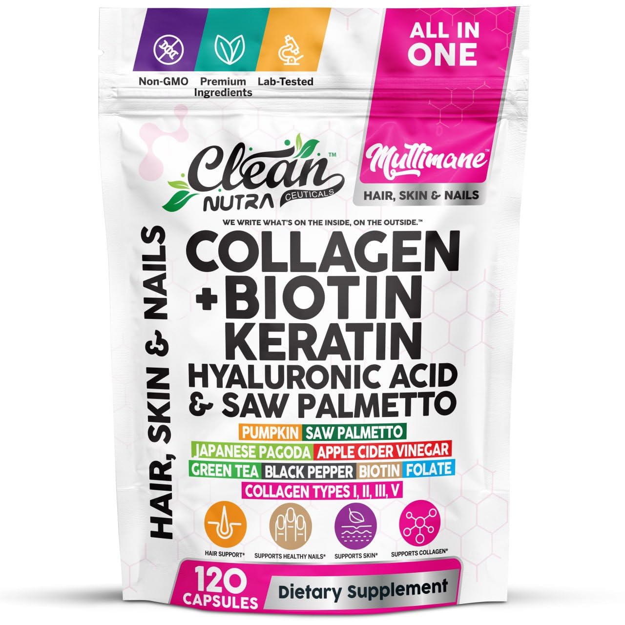 Clean Nutraceuticals Multimane Collagen Biotin Keratin Hyaluronic Acid Saw Palmetto Pumpkin Japanese Pagoda Apple Cider Vinegar Green Tea Black Pepper Folate Hair Skin Nails Formula Capsules 120 Count