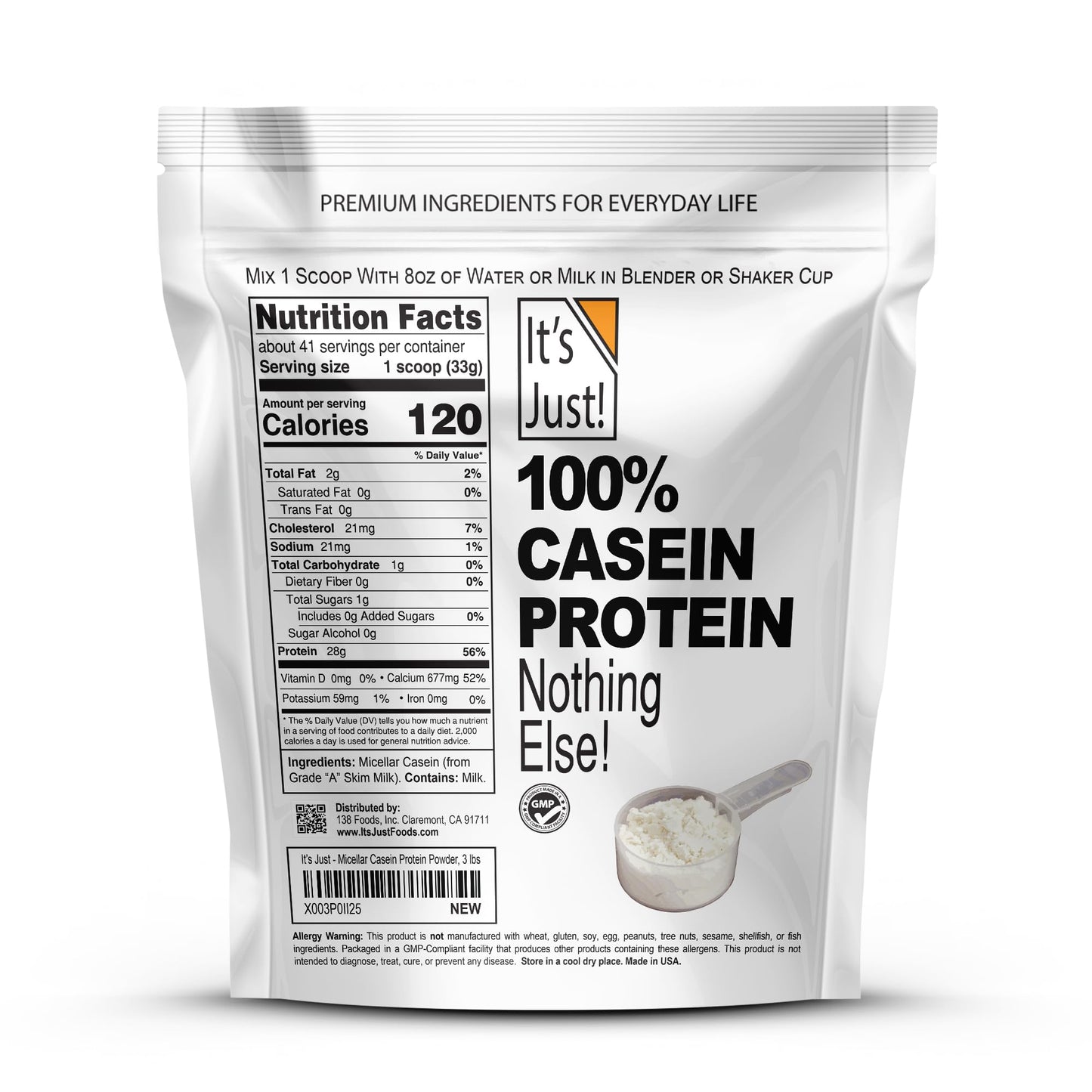 It's Just! 100% Casein Protein Powder Unflavored, 48oz