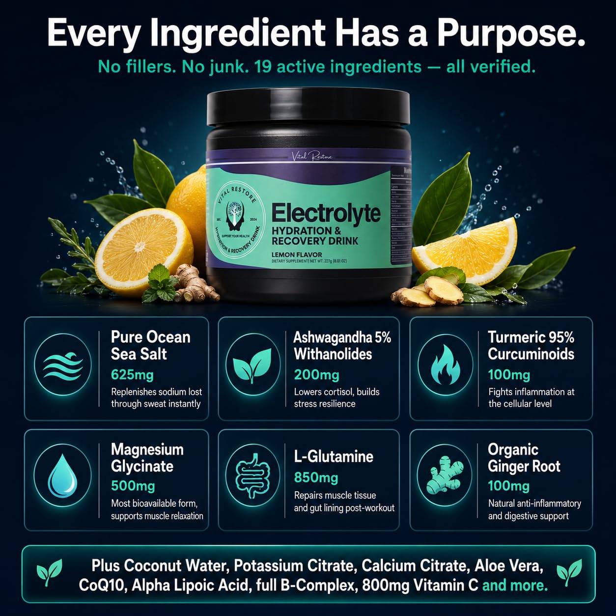 Vita Wellness by C.J. VitalRestore Natural Electrolyte Recovery with Ashwagandha & L-Glutamine Powder, 8.01