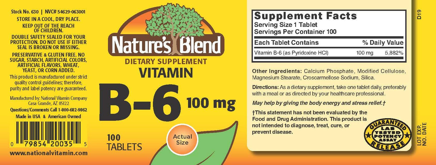 Nature's Blend Vitamin B-6 Powder 100 Count