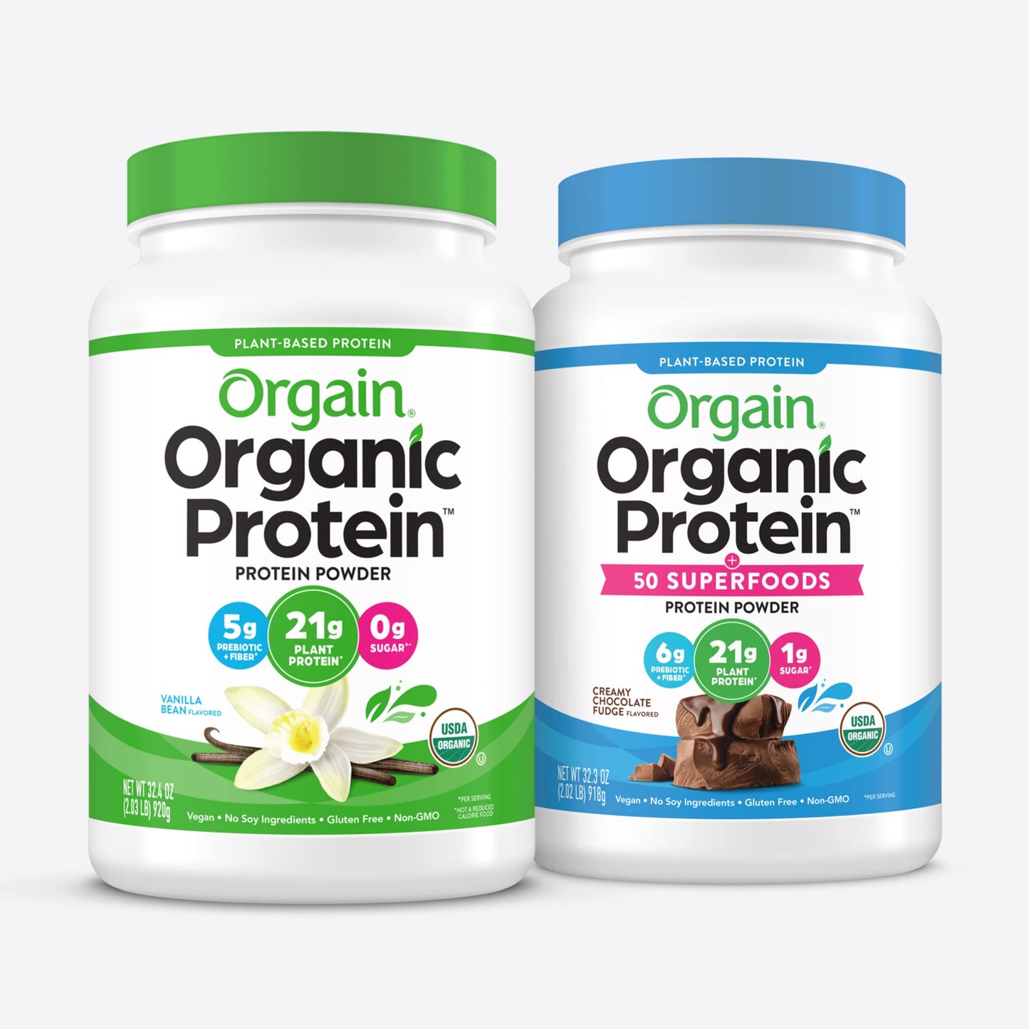 Orgain Organic Protein + Superfoods Powder Creamy Chocolate Fudge & Orgain Organic Vegan Protein Powder Vanilla Bean, 2 Piece Assortment, 65 Servings