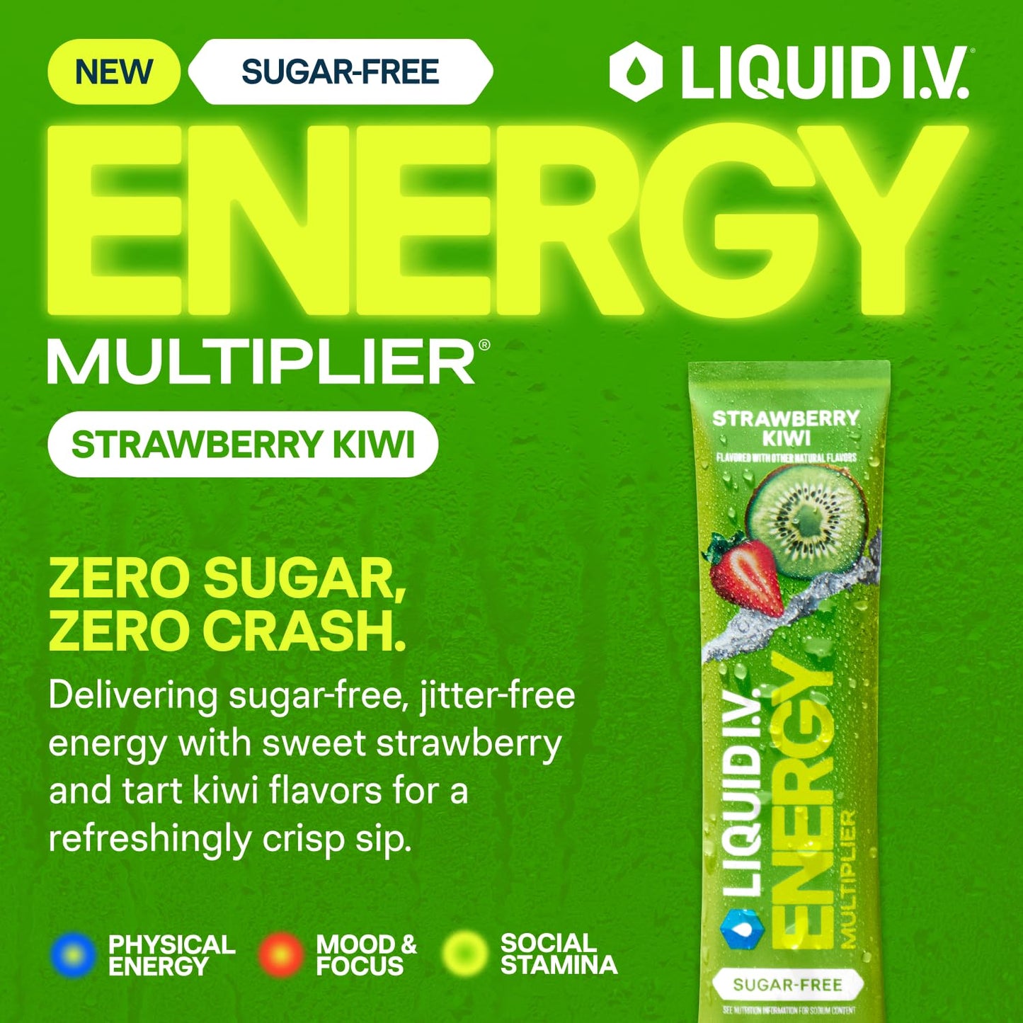 Liquid I.V. Sugar Free + Energy Electrolytes Powder Strawberry Kiwi 7.9 oz