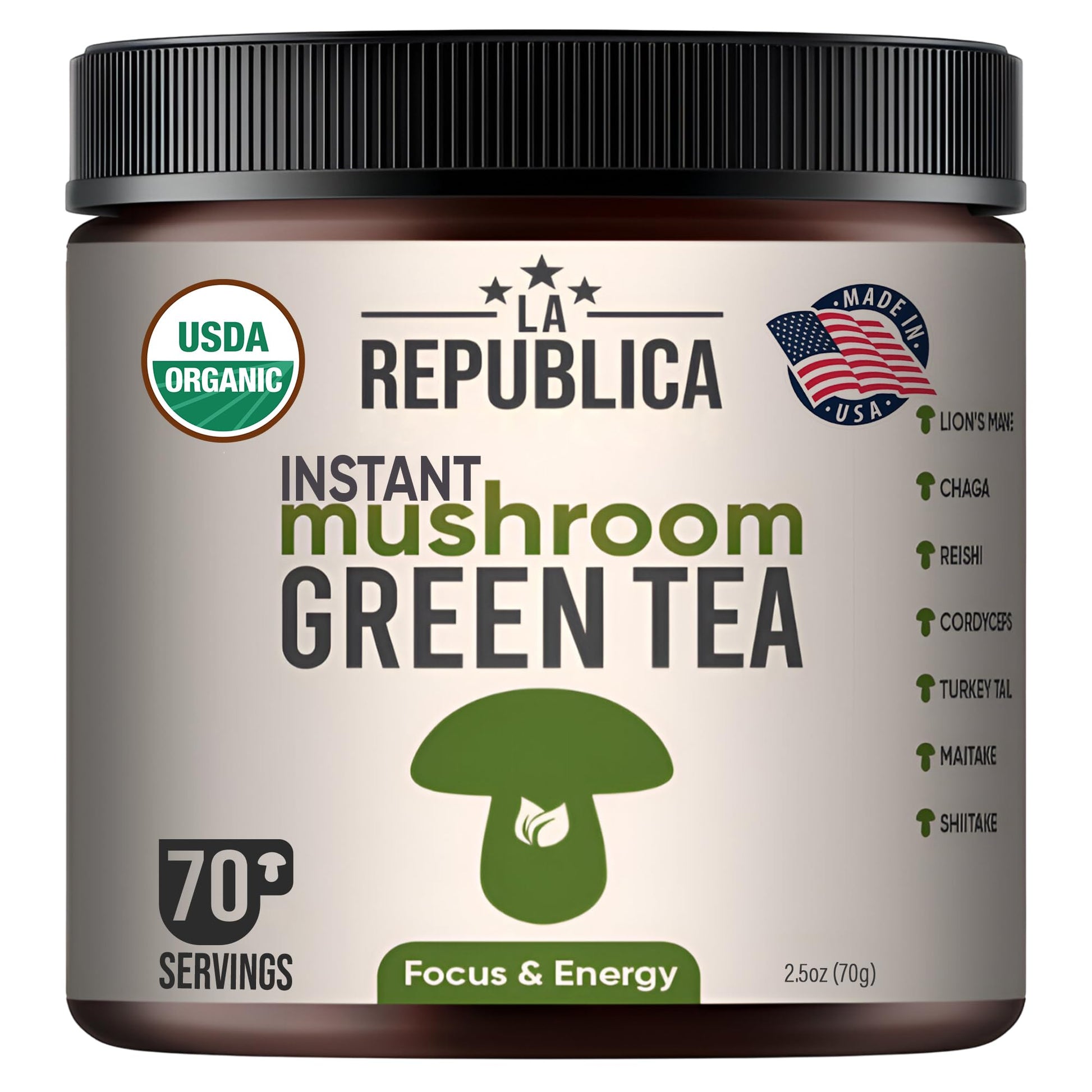 LRLA SUPERFOODS La Republica Instant Green Tea with Reishi, Chaga, Lion's Mane, Cordyceps, Turkey Tail, Maitake for Focus Powders 4.2329