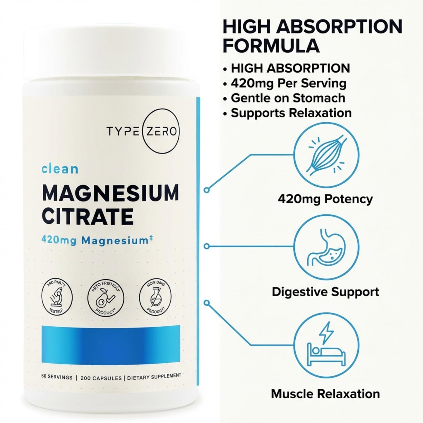 Type Zero Clean Magnesium Citrate Capsules, 200 Count