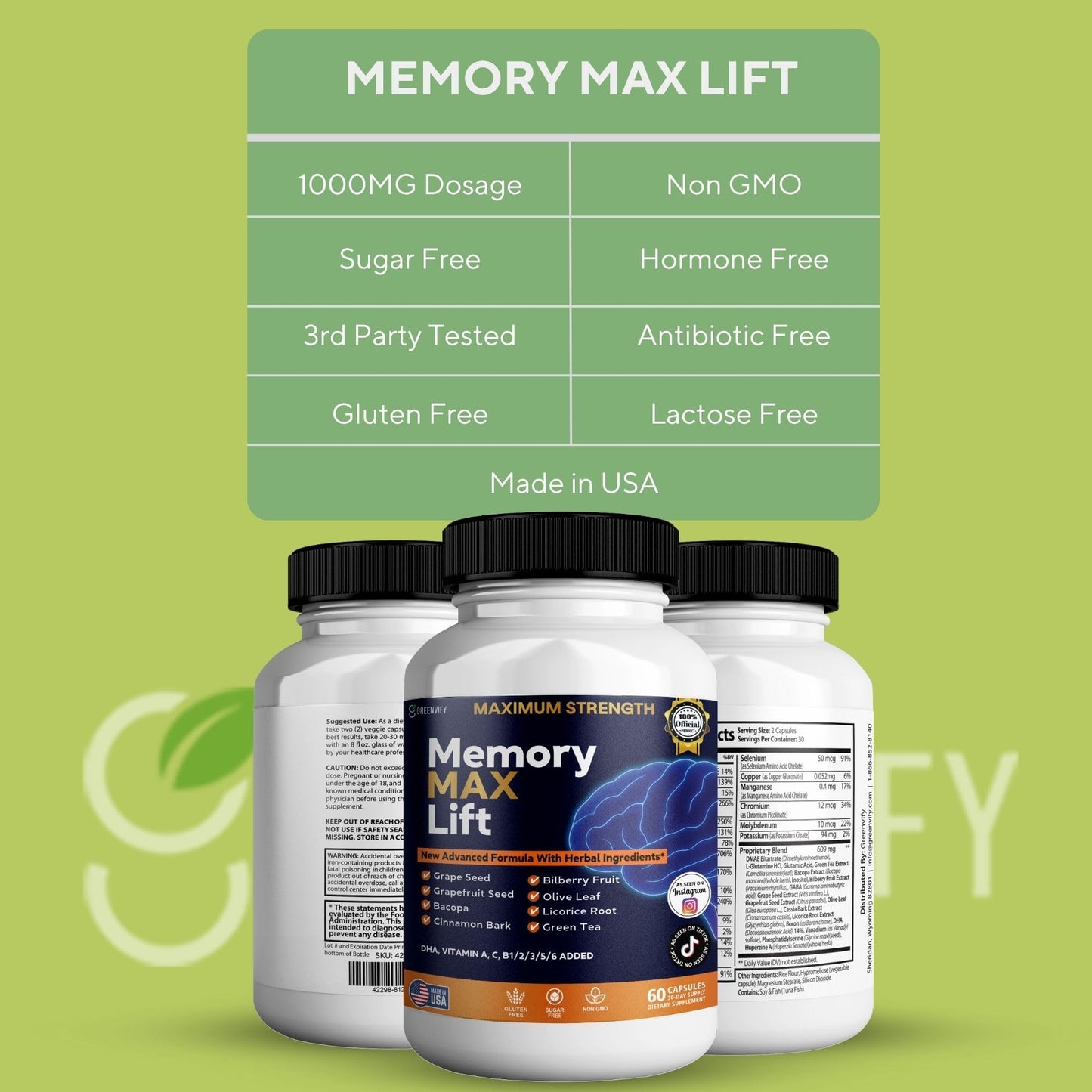 GREENVIFY Memory MAX Lift Brain Support Supplement 60 Capsules