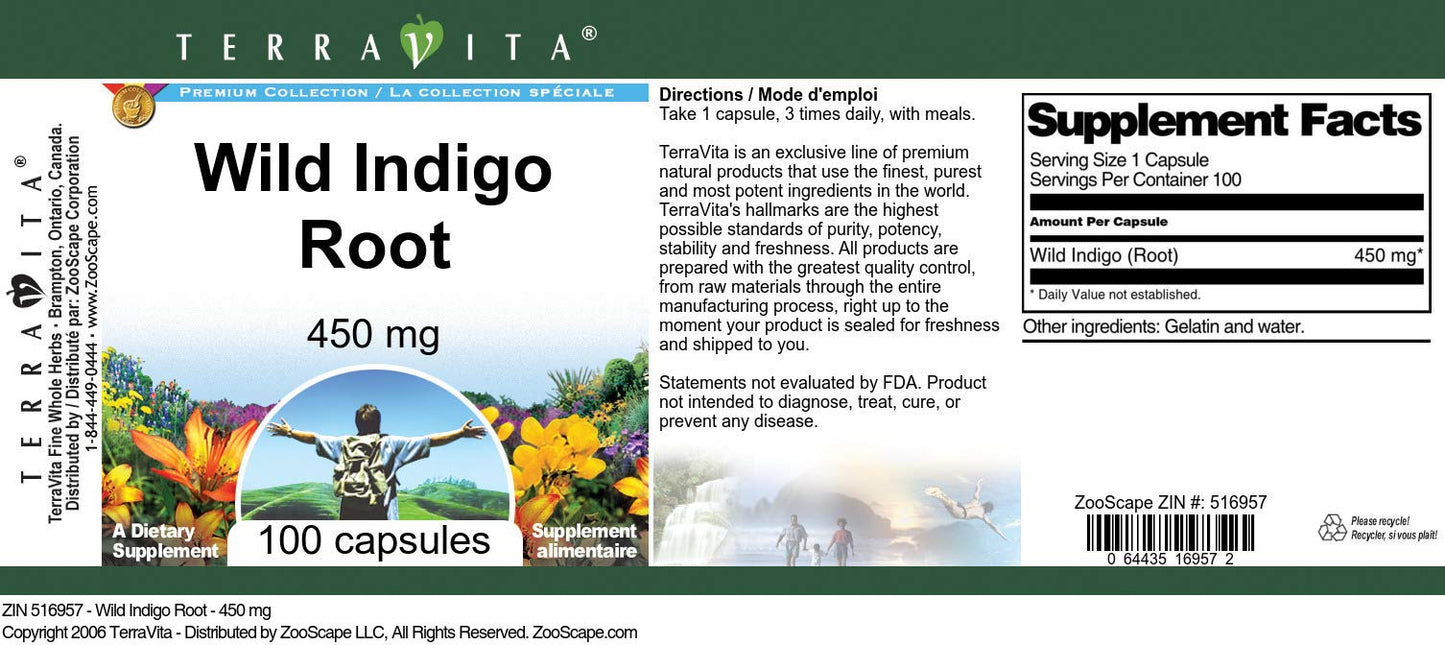 Terravita Wild Indigo Root 450 mg Capsules, 100 Capsules