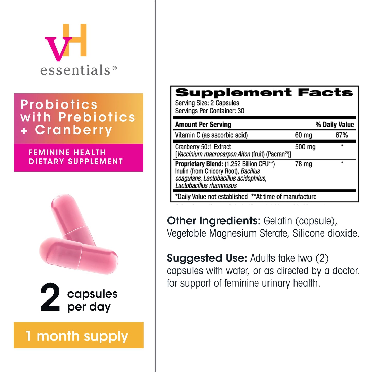 vH essentials Probiotics for Women with Prebiotics and Cranberry Capsules, 60 Count