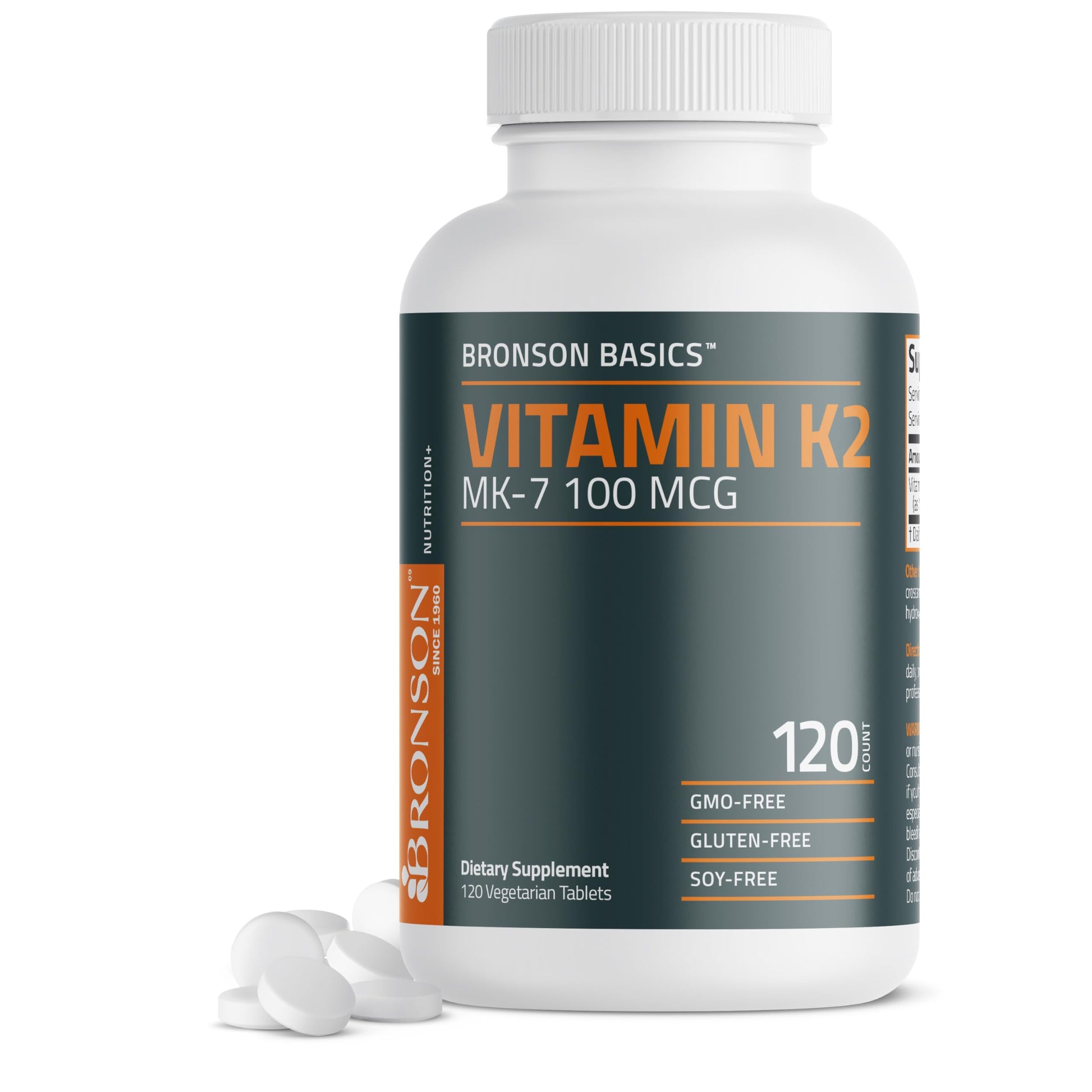 Bronson Vitamin K2 MK-7 100 MCG, K2 as MK-7 Menaquinone, Bone Support Non-GMO Tablets, 120 Tablets