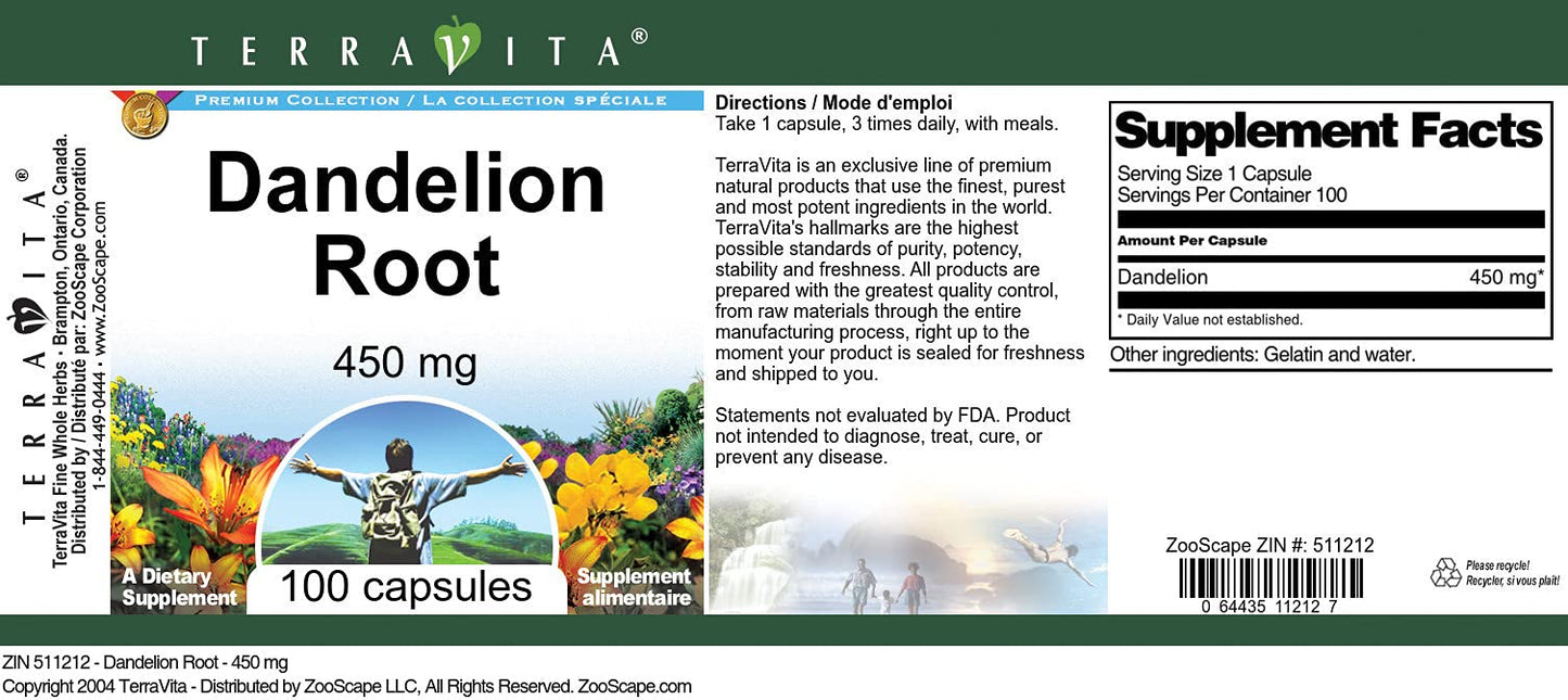 Terravita Dandelion Root 450 mg Capsule, 300 Capsules