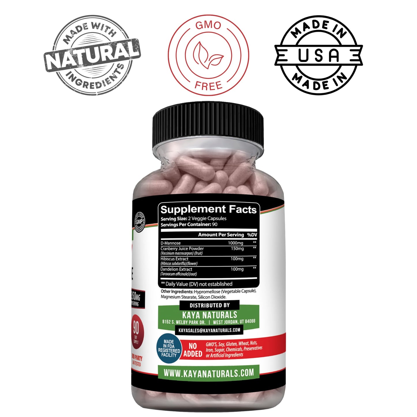 Kaya Naturals D-Mannose Capsules, 180 Capsules