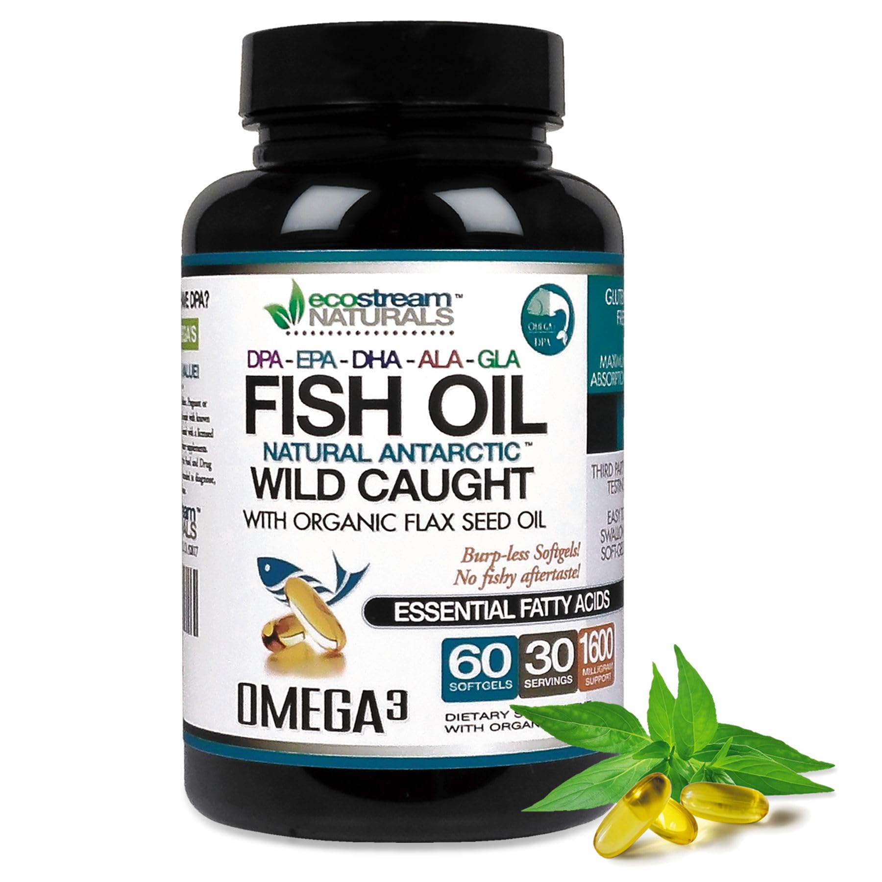 ecostream Naturals Wild Caught Antarctic Fish Oil with Organic Flax Seed Oil Omega3 Ultra DPA-EPA-DHA-GLA-ALA Softgels 60 Count