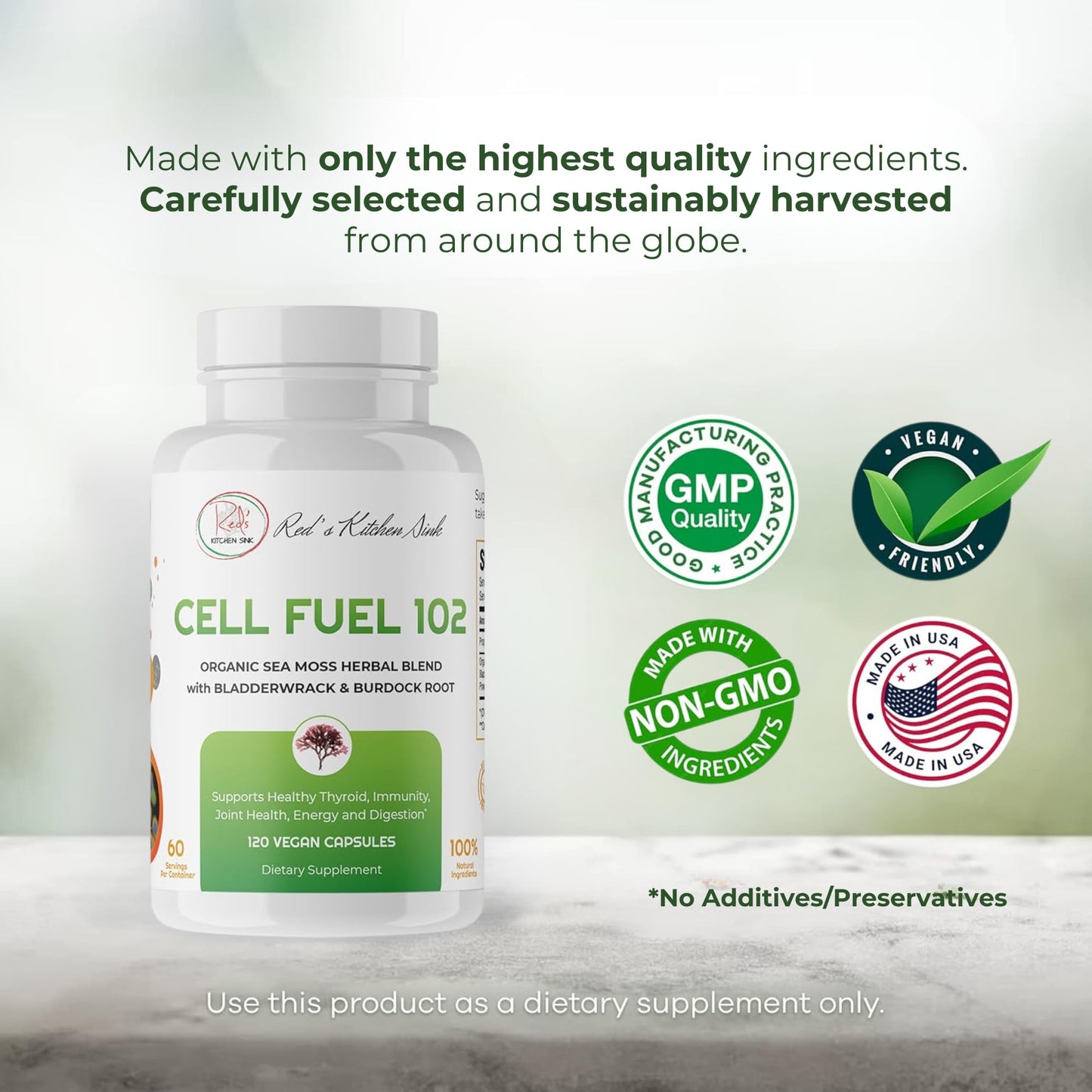 Red's Kitchen Sink Cell Fuel 102 Organic Sea Moss Capsules, 120 Count