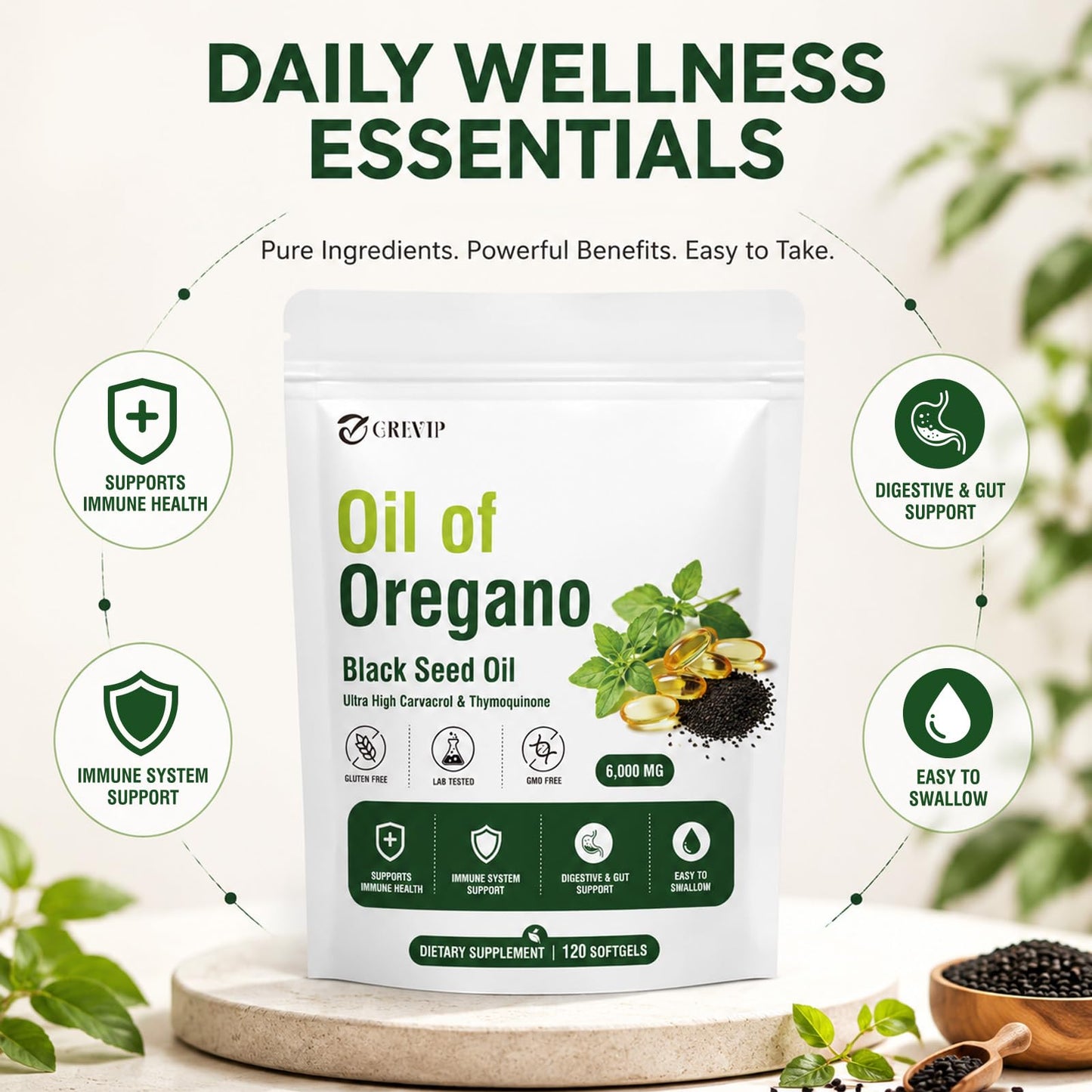 GREVIP Oil of Oregano Softgels with Black Seed Oil, 1 Count