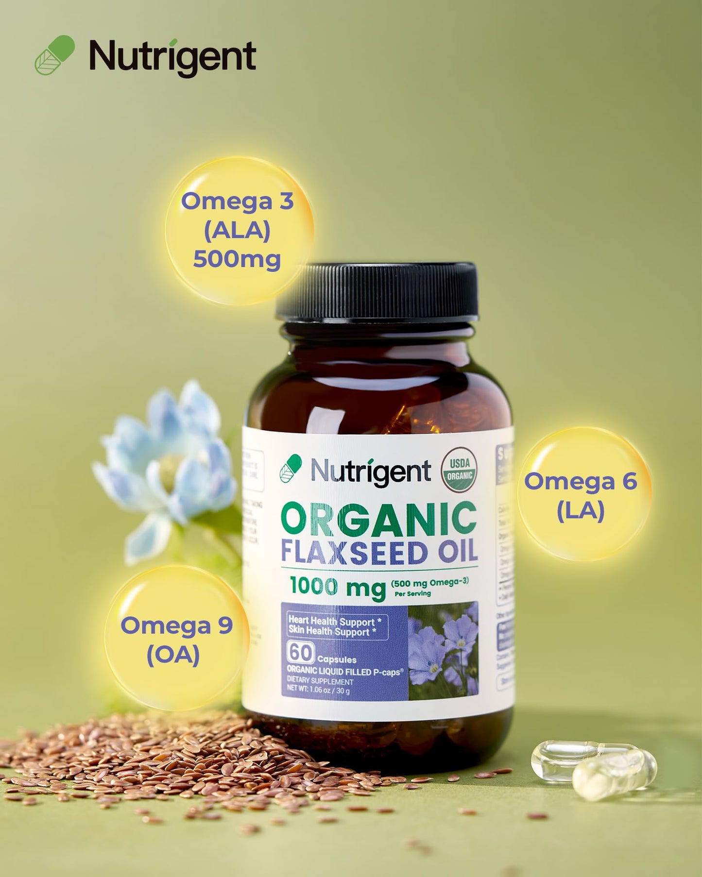 Nutrigent USDA Organic Flaxseed Oil 1000mg Plant-Based Liquid Capsules, 60 Capsules