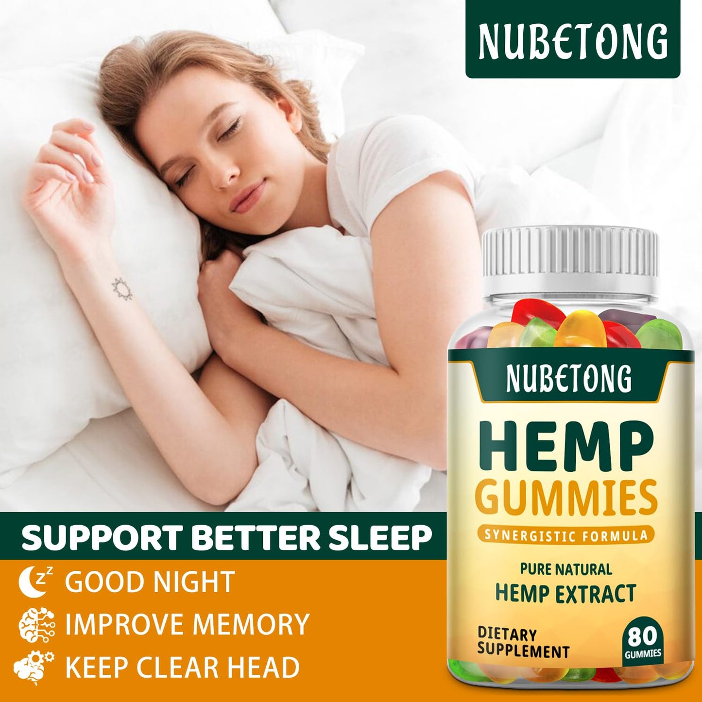 Nubetong Hemp Gummies High Potency Extra Strength Hemp Oil Extract Organic Edible Supplement for Adults, Sleep, Pain, Anxiety, 80 Gummies