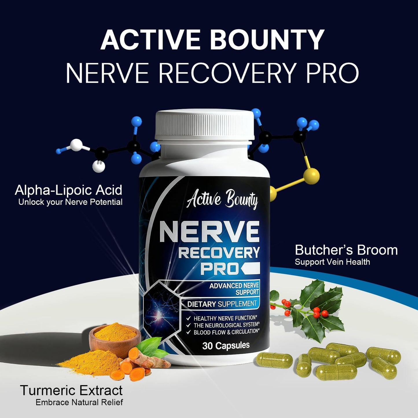 Active Bounty Nerve Recovery Pro Nerve Support Supplement with Alpha Lipoic Acid, Turmeric & Acetyl-L-Carnitine, 30 Capsules