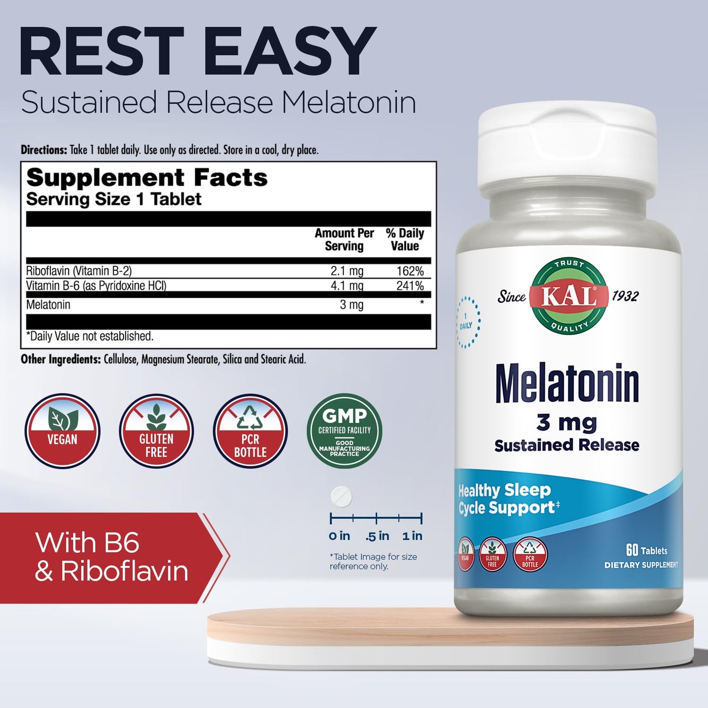 KAL Melatonin 3mg Sustained Release Sleep Aid Tablet, 60 Tablets