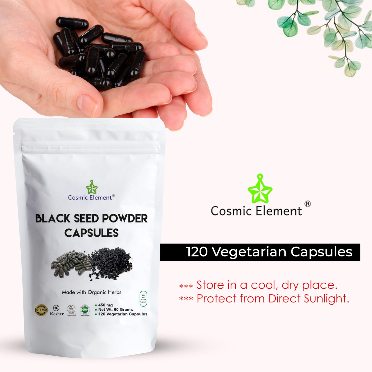 Cosmic Element Black Seed Powder Organic Vegan Nigella Sativa 450mg, 120 Capsules