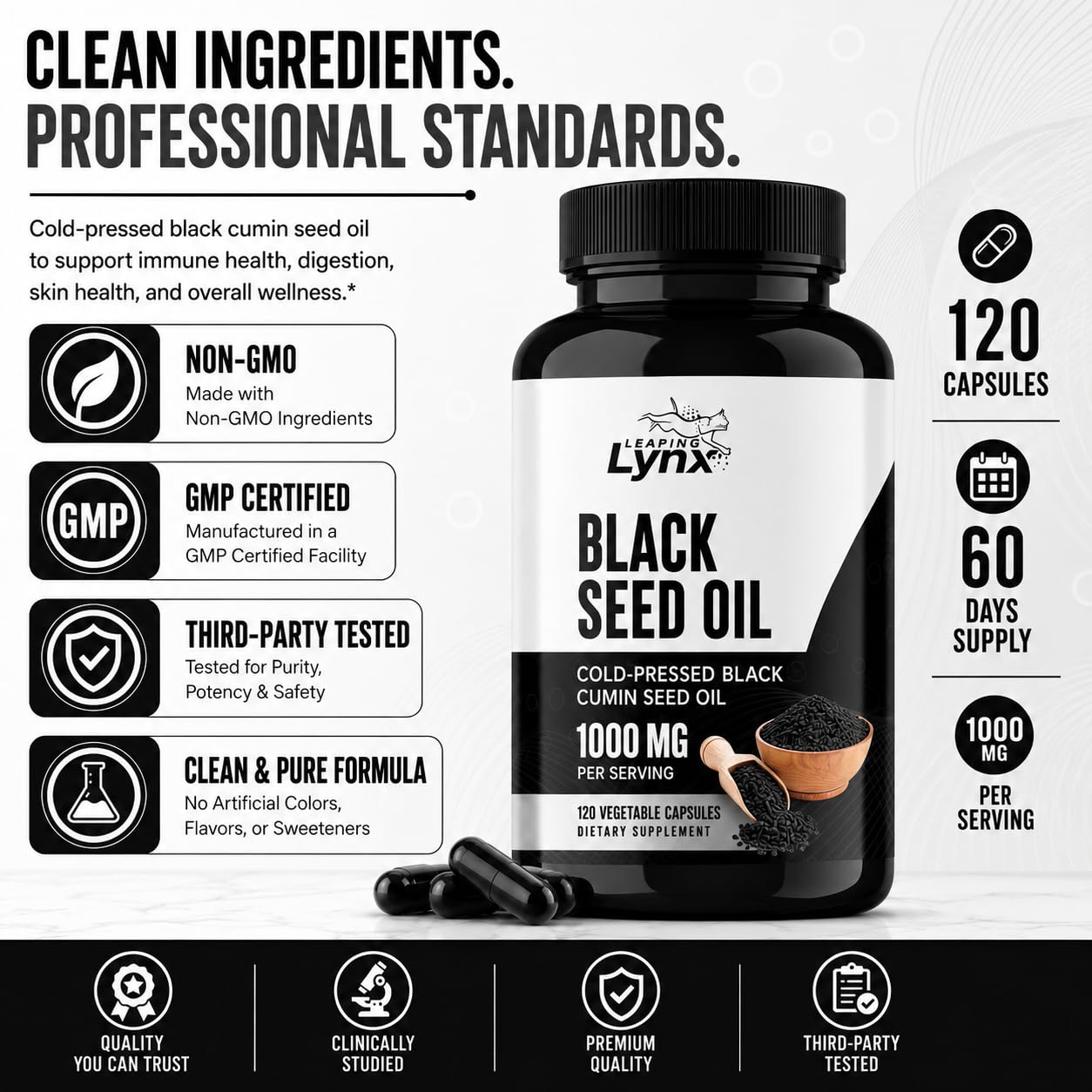 Leaping Lynx Black Seed Oil 1000mg Capsules 120 Count