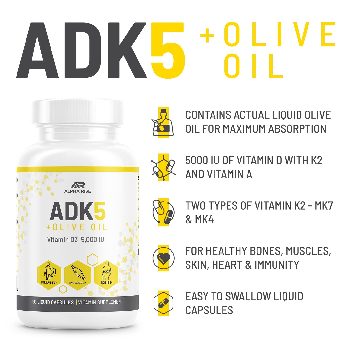 ALPHA RISE ADK Vitamin D3 + K2 with Olive Oil Capsules, 90 Count