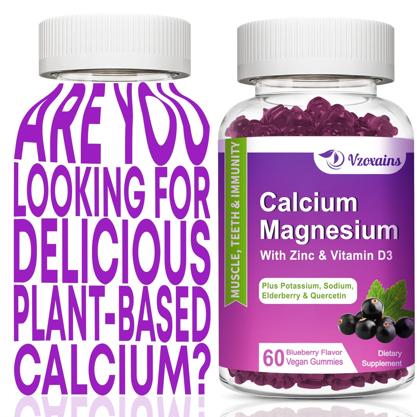 VZOXAINS Plant Based Calcium Gummies 600mg, Calcium Magnesium Zinc with Vitamin D3 for Bone Strength, Sugar Free Calcium Supplements for Women & Men Gummy 120 Count
