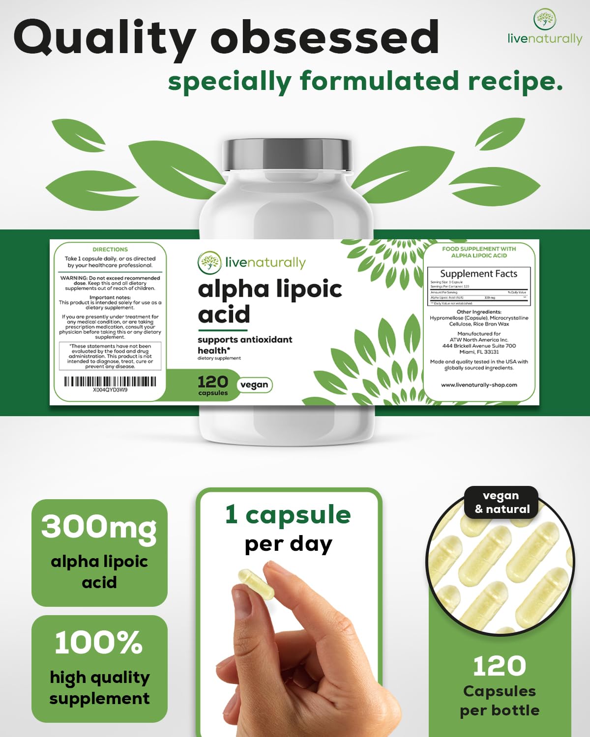 livenaturally Alpha Lipoic Acid 600mg Serving (300mg per Capsule) Capsules 120