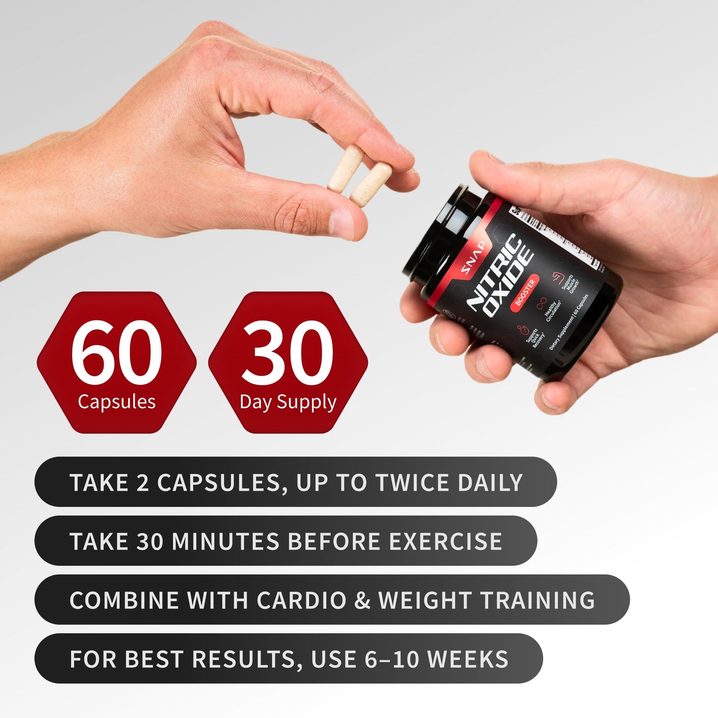 Snap Supplements Nitric Oxide Booster with L-Citrulline + 3 Forms of L-Arginine, 60 Capsules