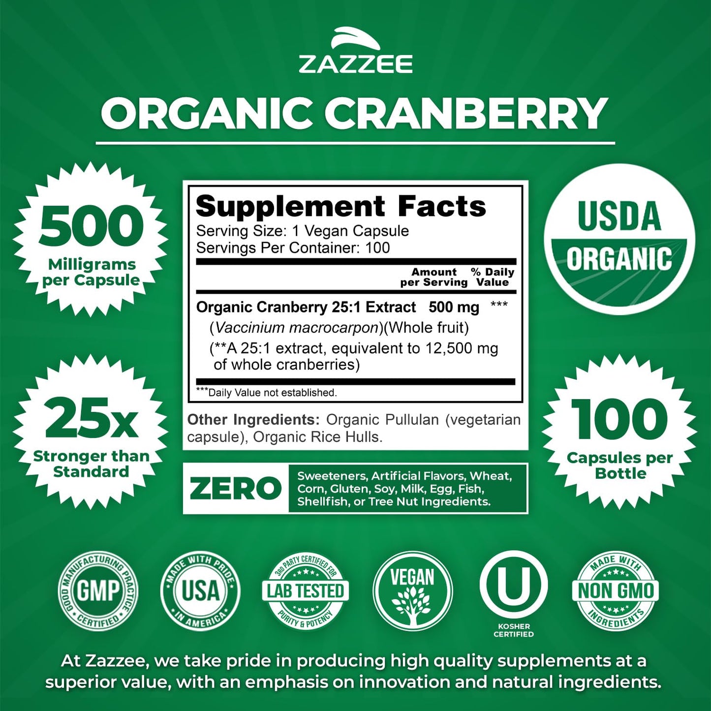 Zazzee USDA Organic Cranberry 25:1 Extract, 500 mg per Capsule, 100 Capsules