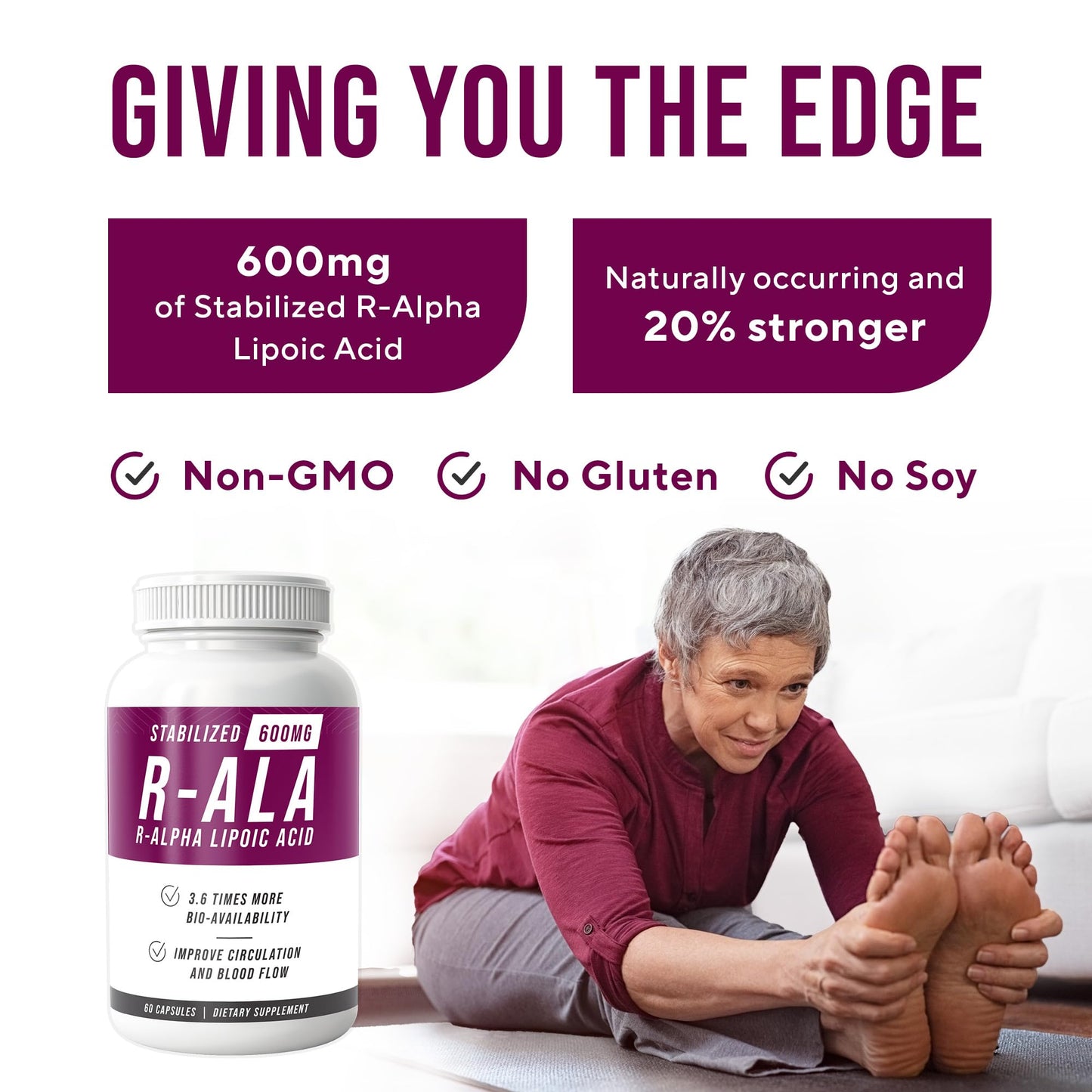 NERVE RENEW R-ALA Stabilized R Alpha Lipoic Acid 600mg Nerve Support Capsule, 60 Count