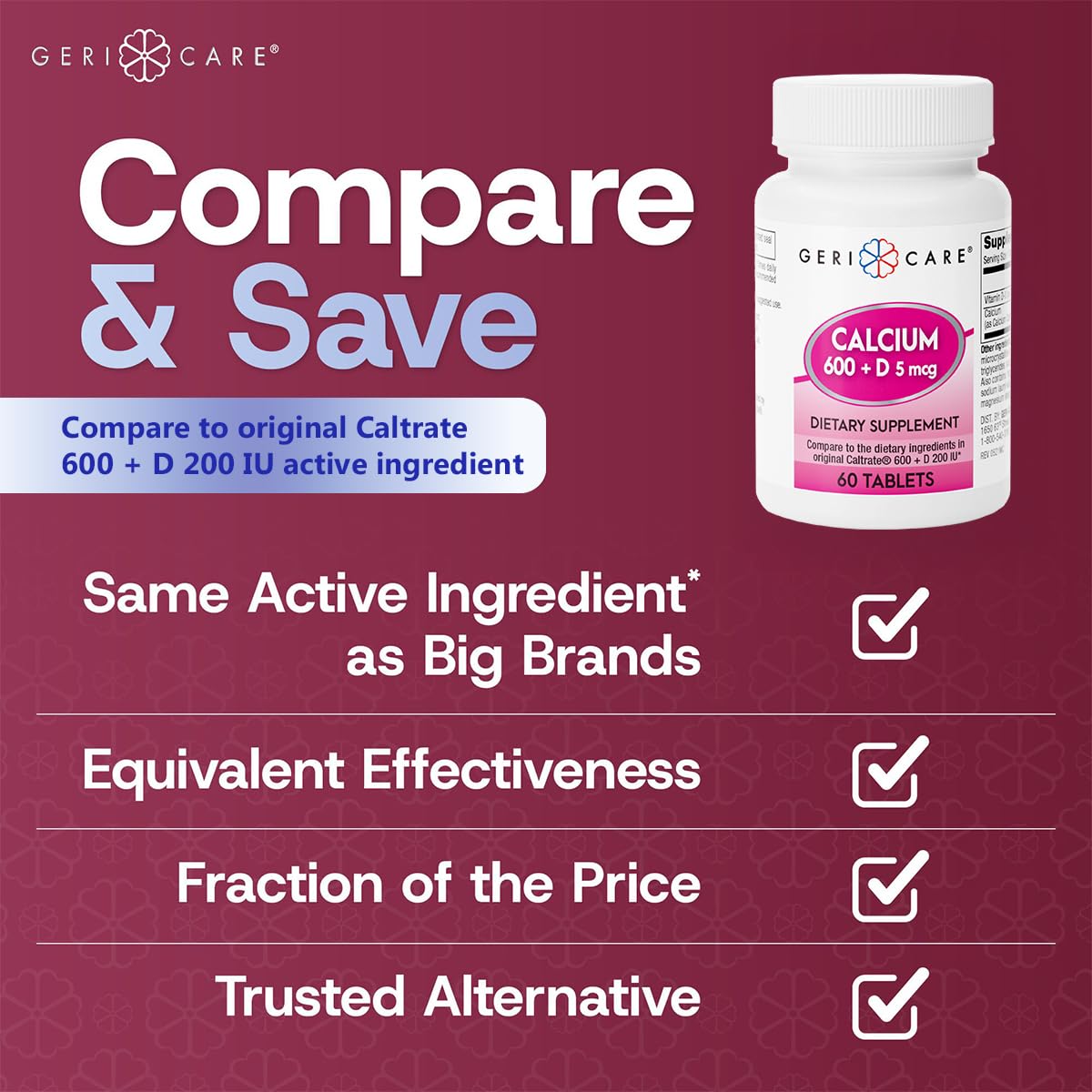 GeriCare Calcium 600mg Vitamin D 5mcg 60 Tablets