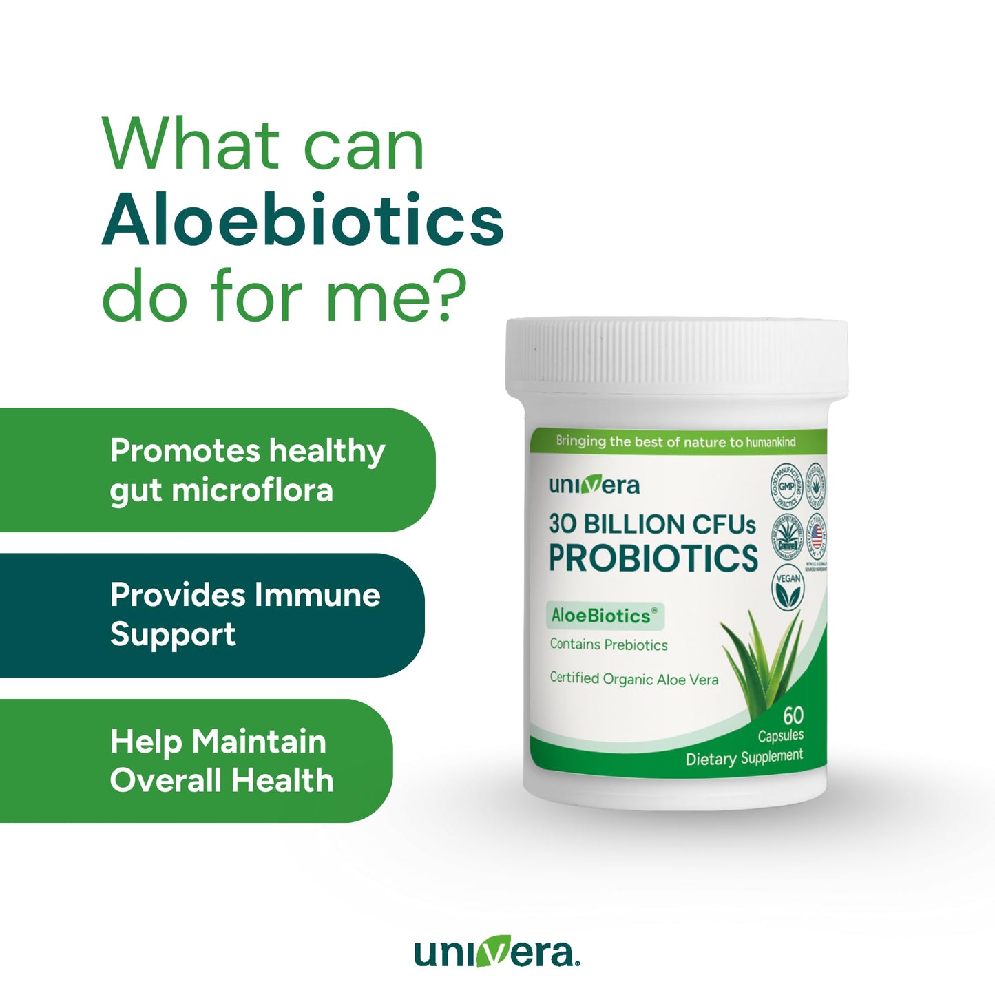 Univera Probiotics Probiotics and Prebiotics 30 Billion CFUs with Organic Aloe Vera, 14 Strains, Digestive Enzymes for Adults, Vegan AloeBiotics Capsule 60 Count