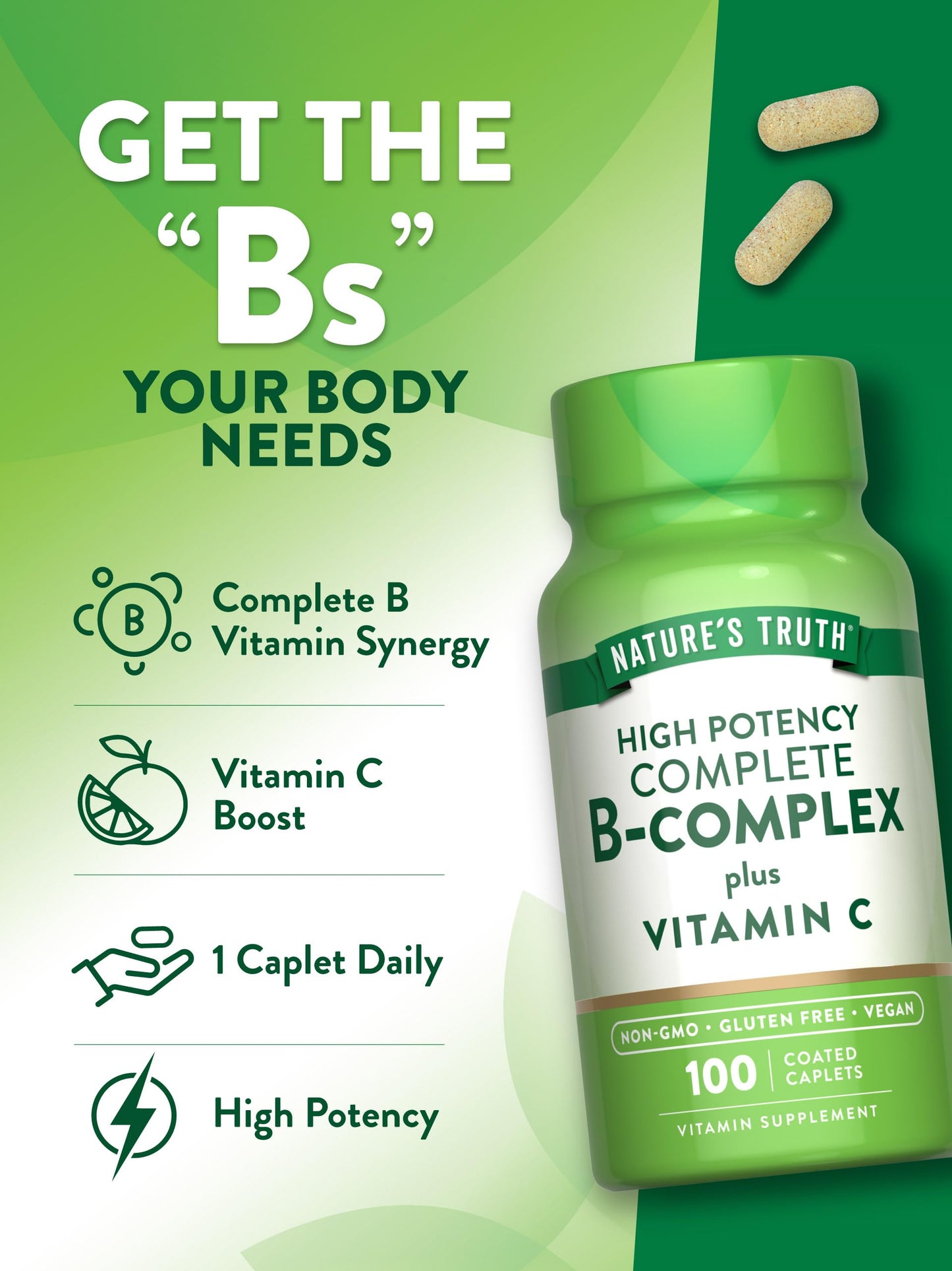 Nature's Truth Vitamin B Complex Plus Vitamin C Caplets 100 Count