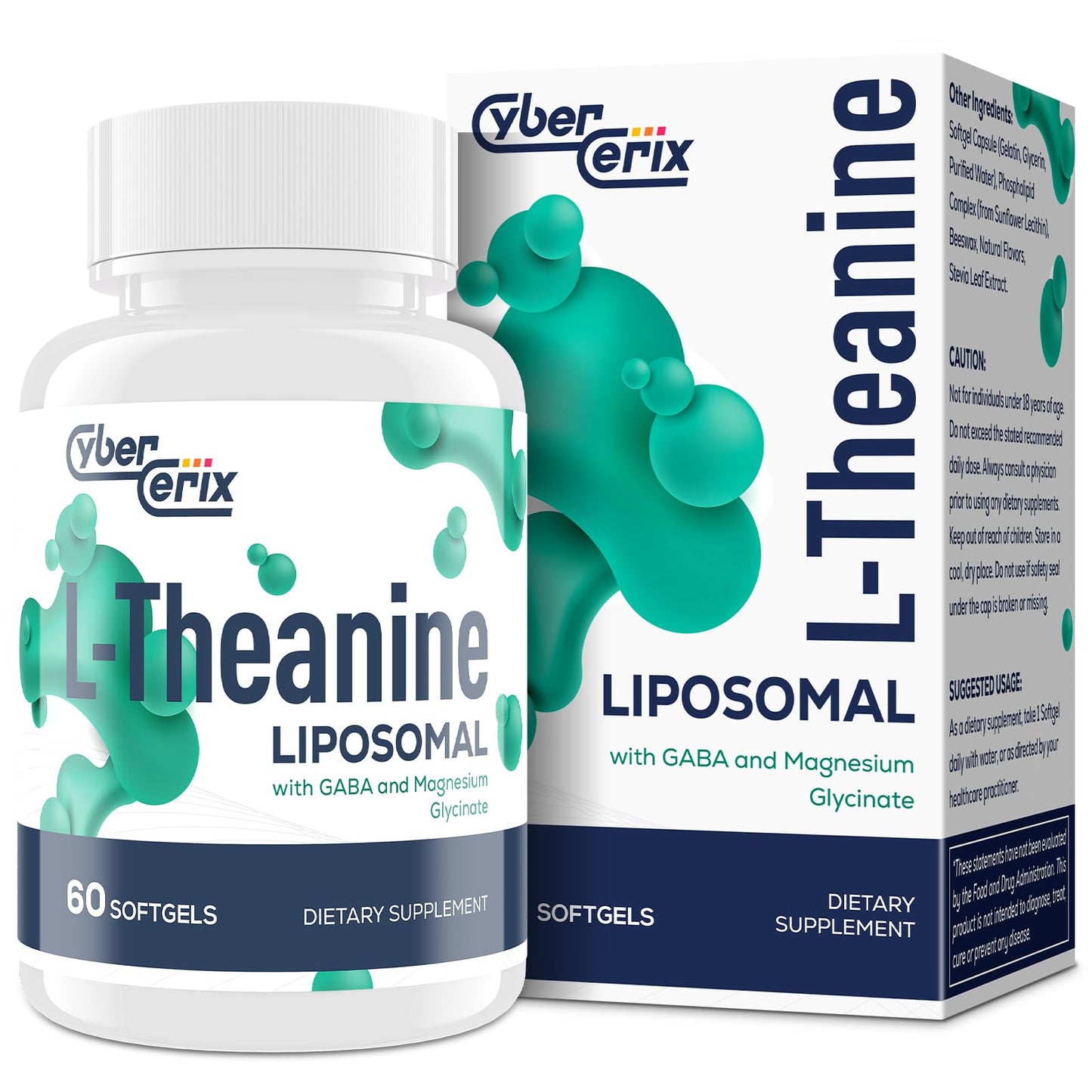 CyberCerix Liposomal L-Theanine 500mg with GABA 200mg & Magnesium 100mg, 60 Capsules
