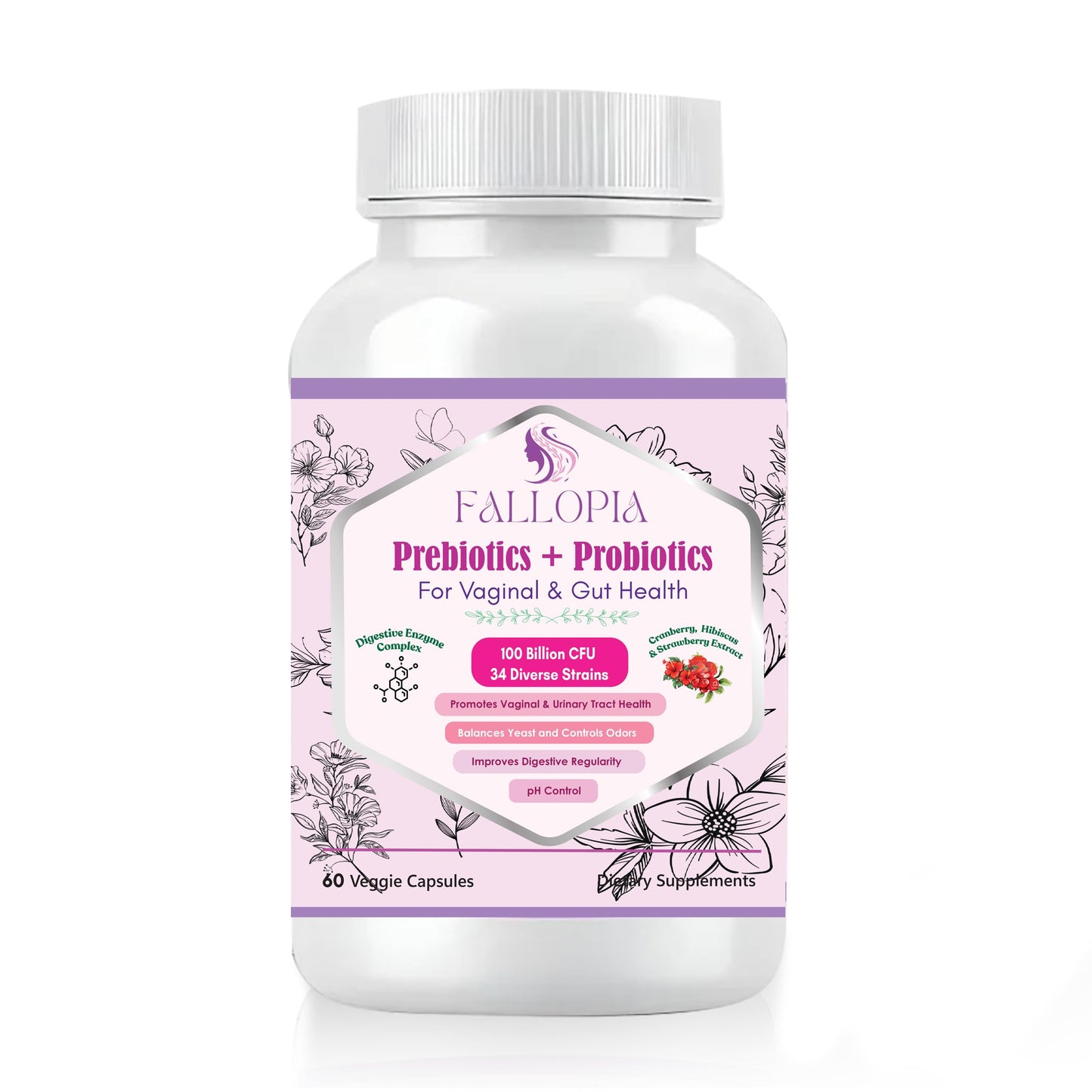 Fallopia Vaginal Probiotics for Women with Prebiotics Cranberry D-Mannose Digestive Enzymes & Hibiscus 34 Strains 100 Billion CFU Feminine Care Supplement for Gut Urinary Health & pH Balance Capsule 60 Count