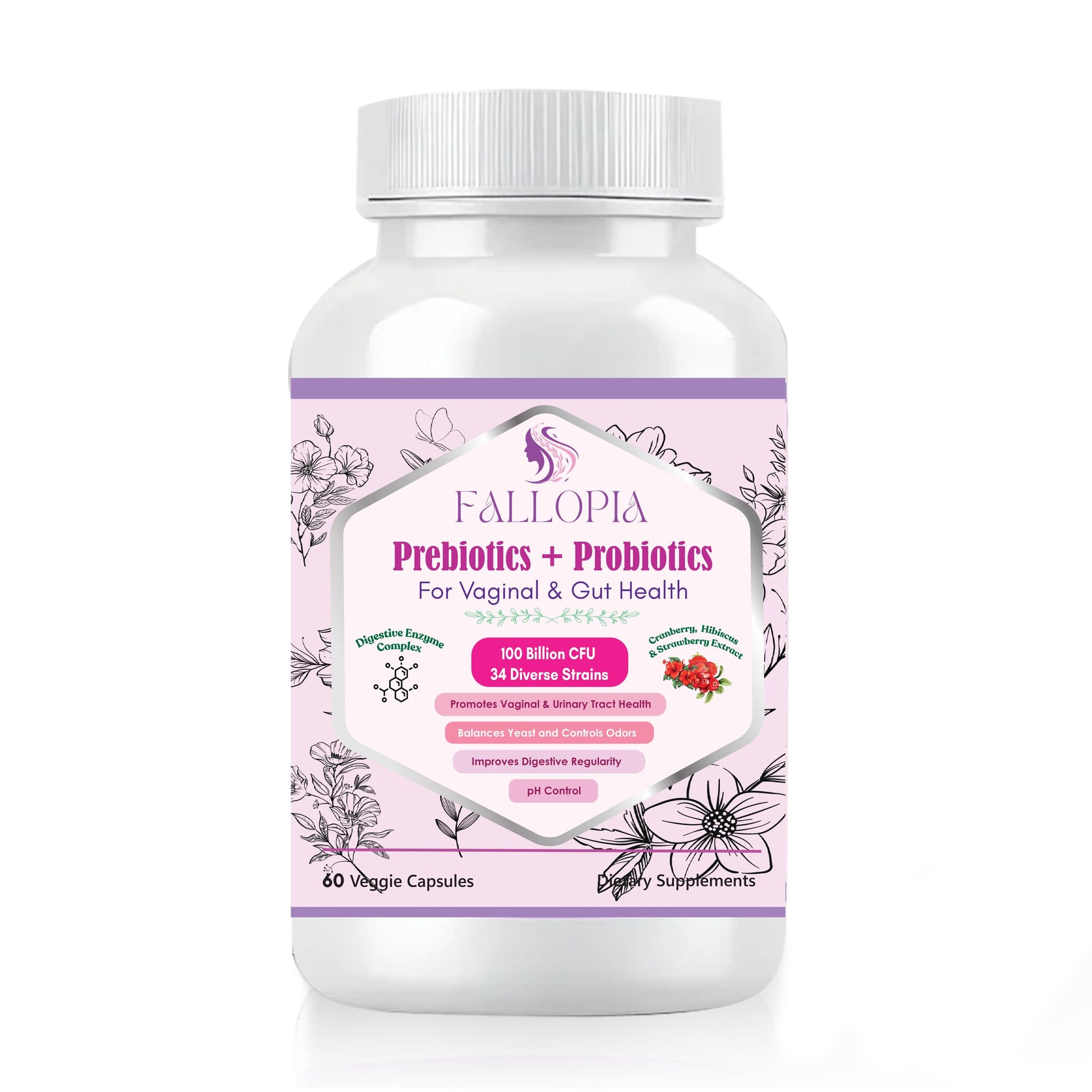 Fallopia Vaginal Probiotics for Women with Prebiotics Cranberry D-Mannose Digestive Enzymes & Hibiscus 34 Strains 100 Billion CFU Feminine Care Supplement for Gut Urinary Health & pH Balance Capsule 60 Count