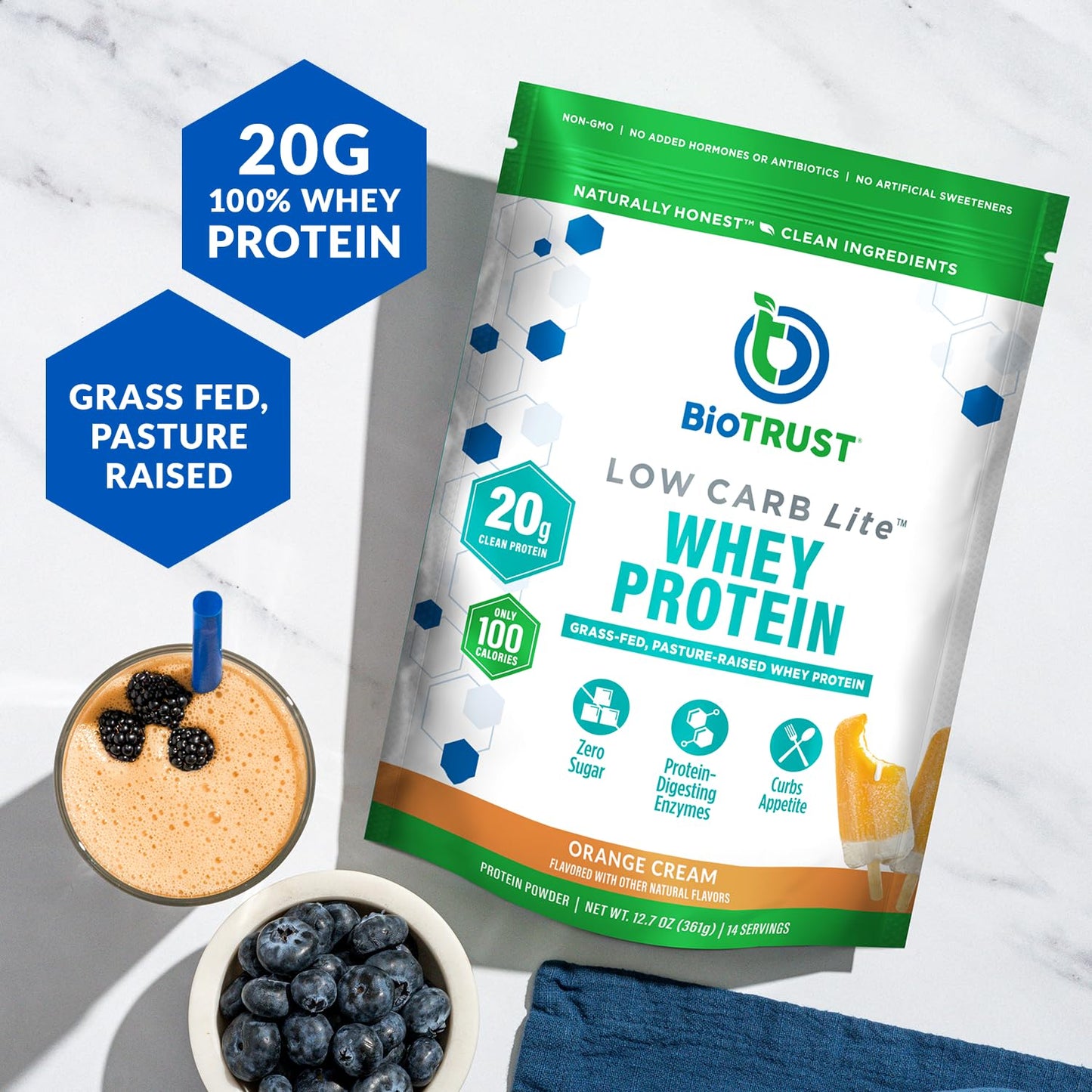 BioTrust Low Carb Lite Grass-Fed Whey Protein Isolate Powder, 12.7 oz, 14 Servings, Orange Cream