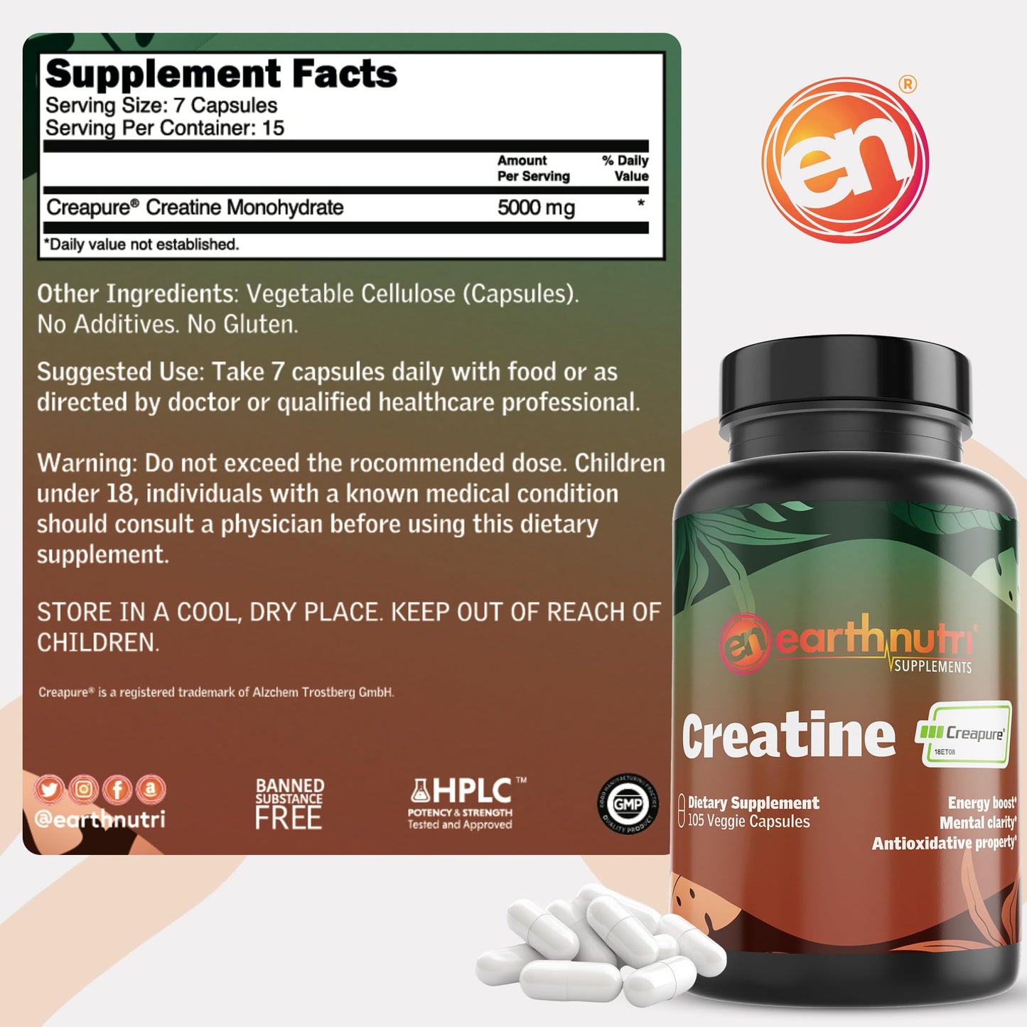EarthNutri Creatine Monohydrate Capsules, Unflavored, 105 Capsules