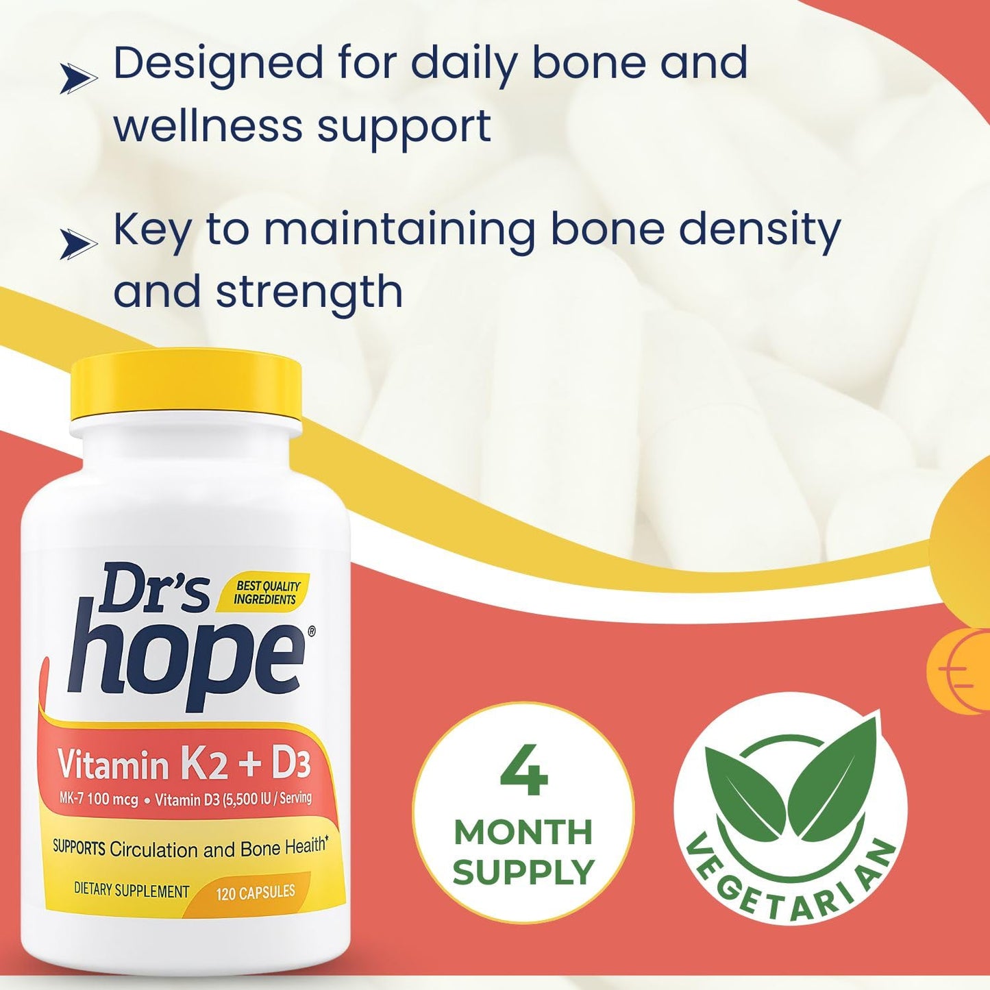 Dr’s Hope Vitamin K2 (MK-7) 100 mcg & Vitamin D3 125 mg (5000 IU) Supplement - Advanced Bone & Immune Support Formula - 120 Capsules