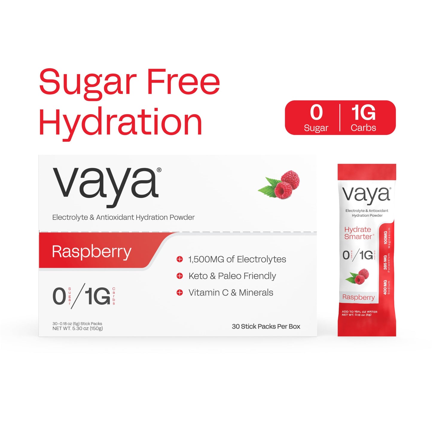 Vaya Sugar Free Electrolyte Powder Packets, Raspberry, 30 Pack