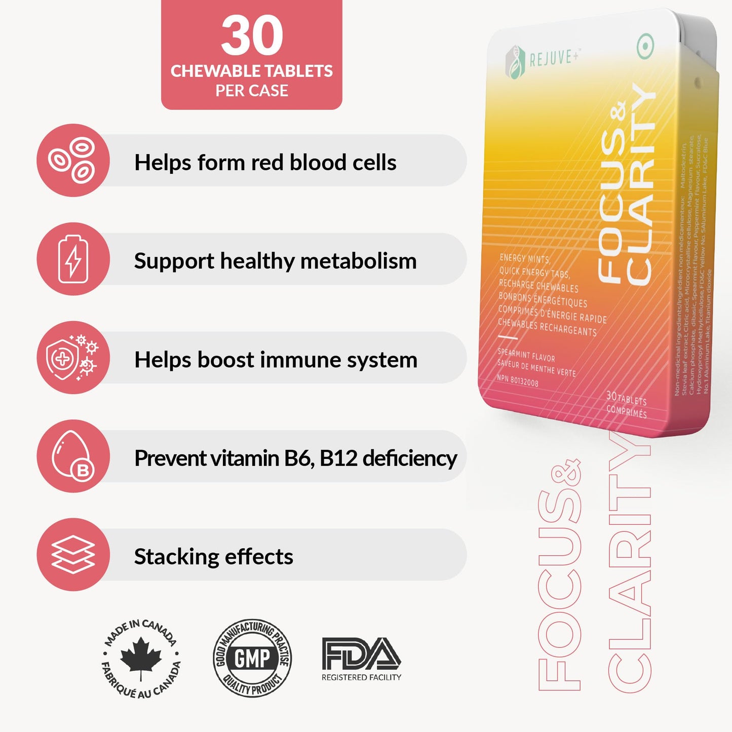 REJUVE+ Focus & Clarity Nootropic Supplement – Brian Boost Chewables, 30 Count
