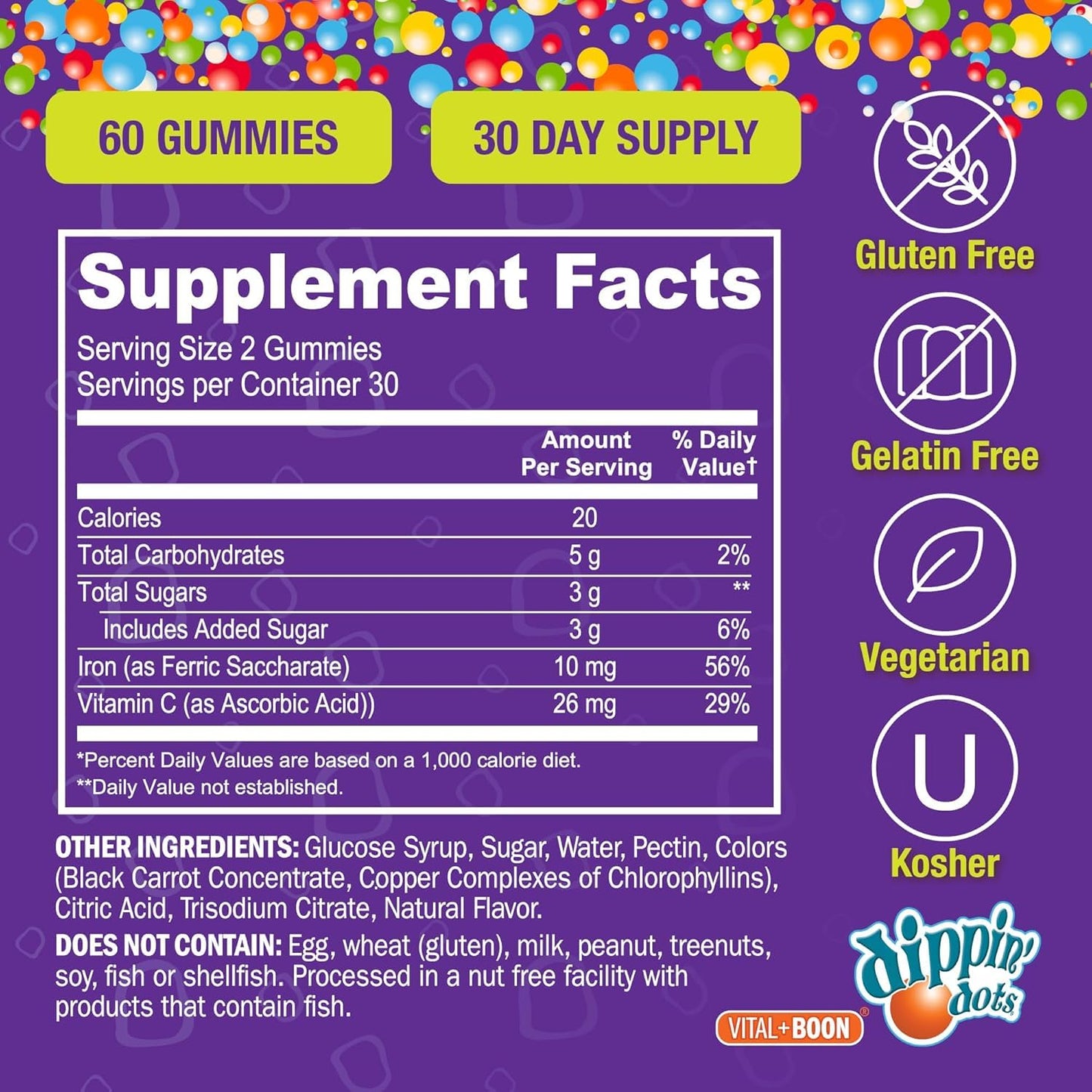 Vital+Boon Dippin' Dots Iron Gummies for Women, Vitamin C & B12, Gummy, 60 Count