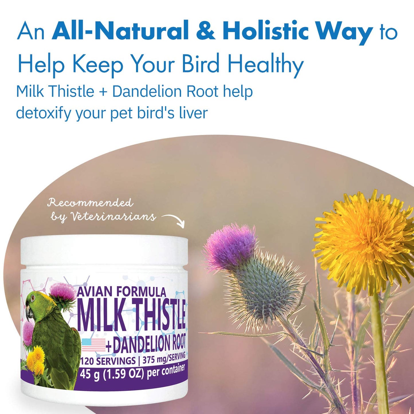 Equa Holistics Avian Milk Thistle + Dandelion Root Dietary Supplement for Parrots, All-Natural Liver Formula, Powder, 1.59 oz