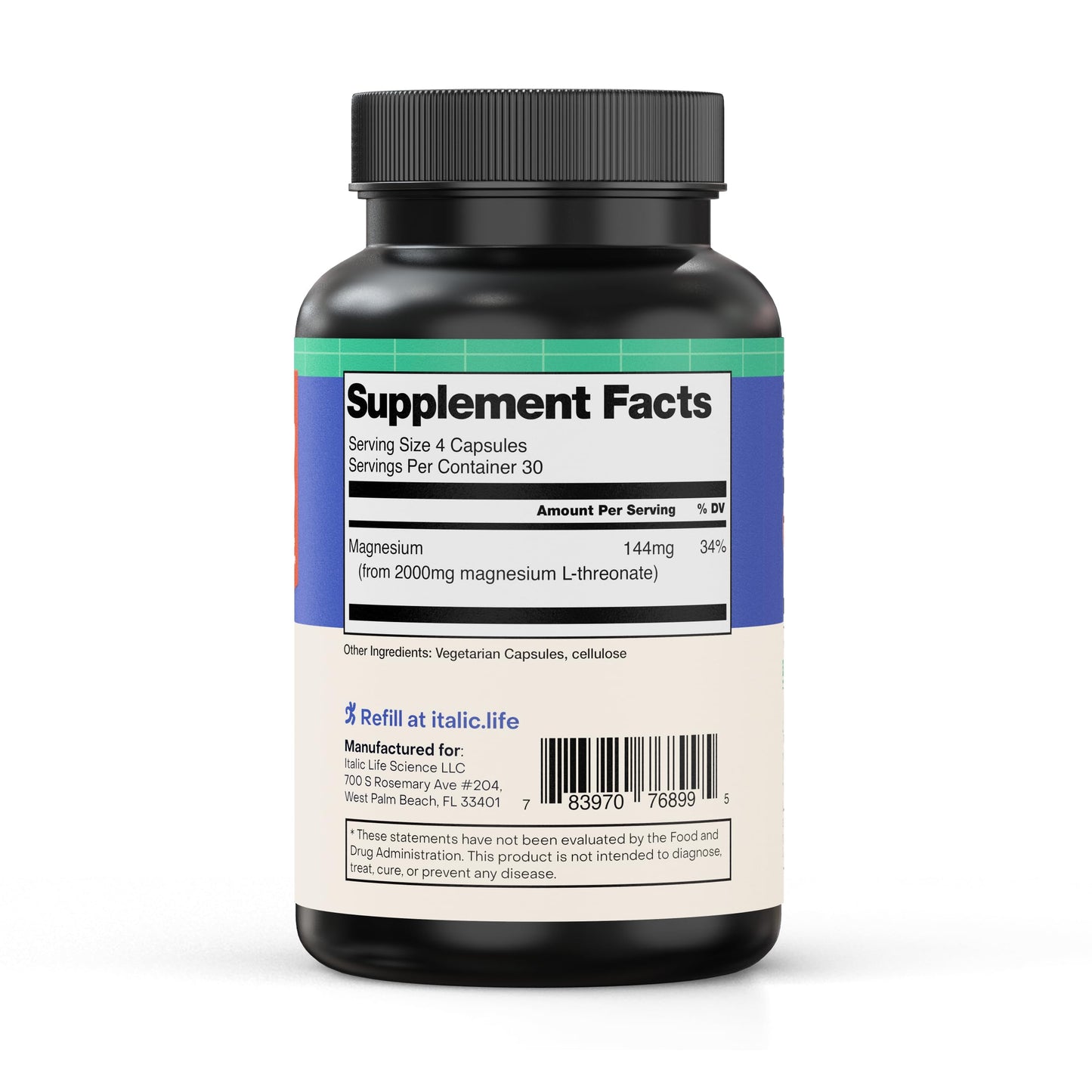 Italic Life Sciences Magnesium L-Threonate 2000mg Capsules, 120 Count