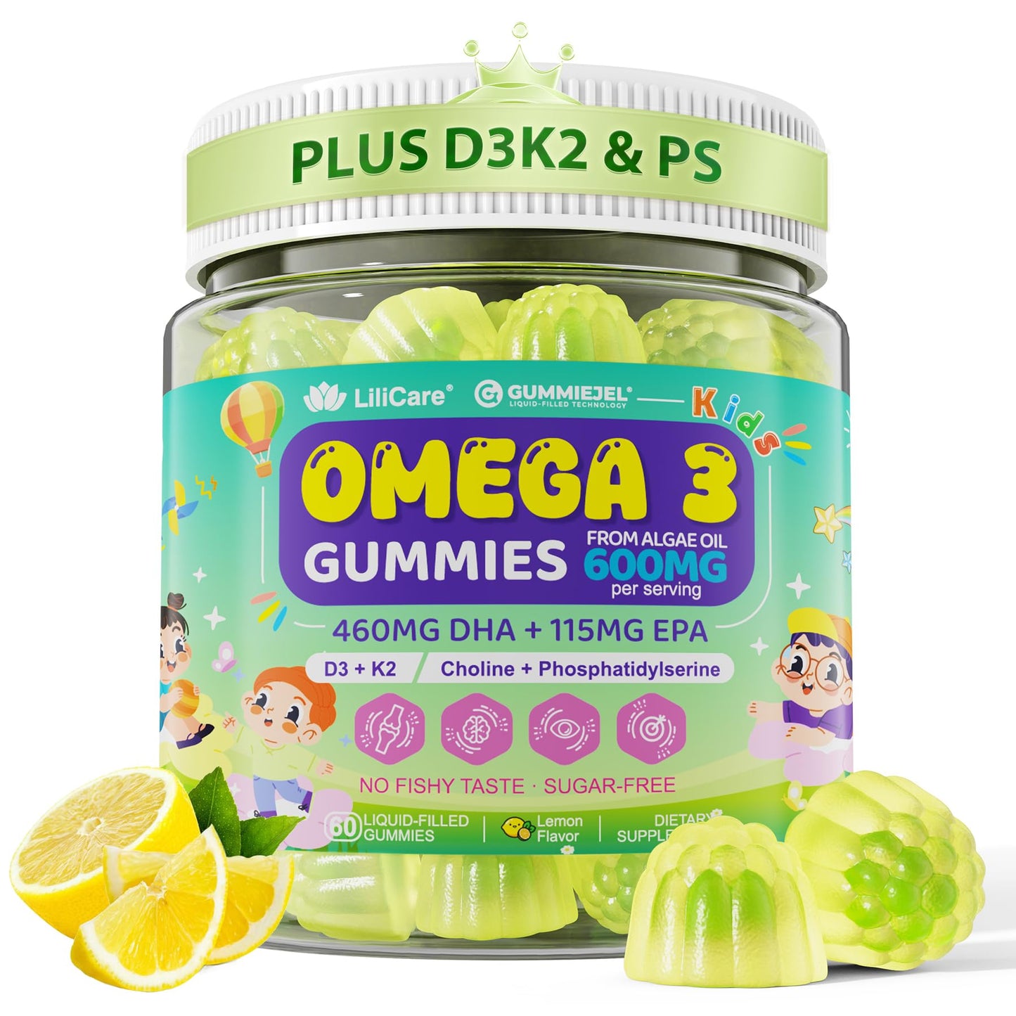 LILICARE Omega-3 for Kids 4+ Focus DHA Gummies Plus EPA from Algae, 60 Gummies