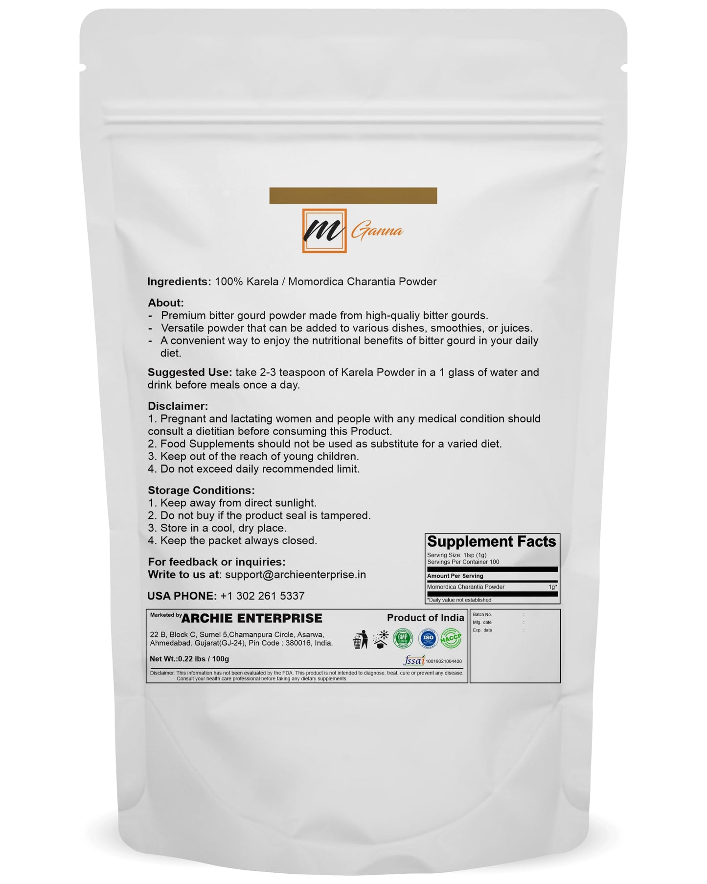 mGanna Karela/Momordica Charantia/Bitter Melon Powder 3.52 Ounces