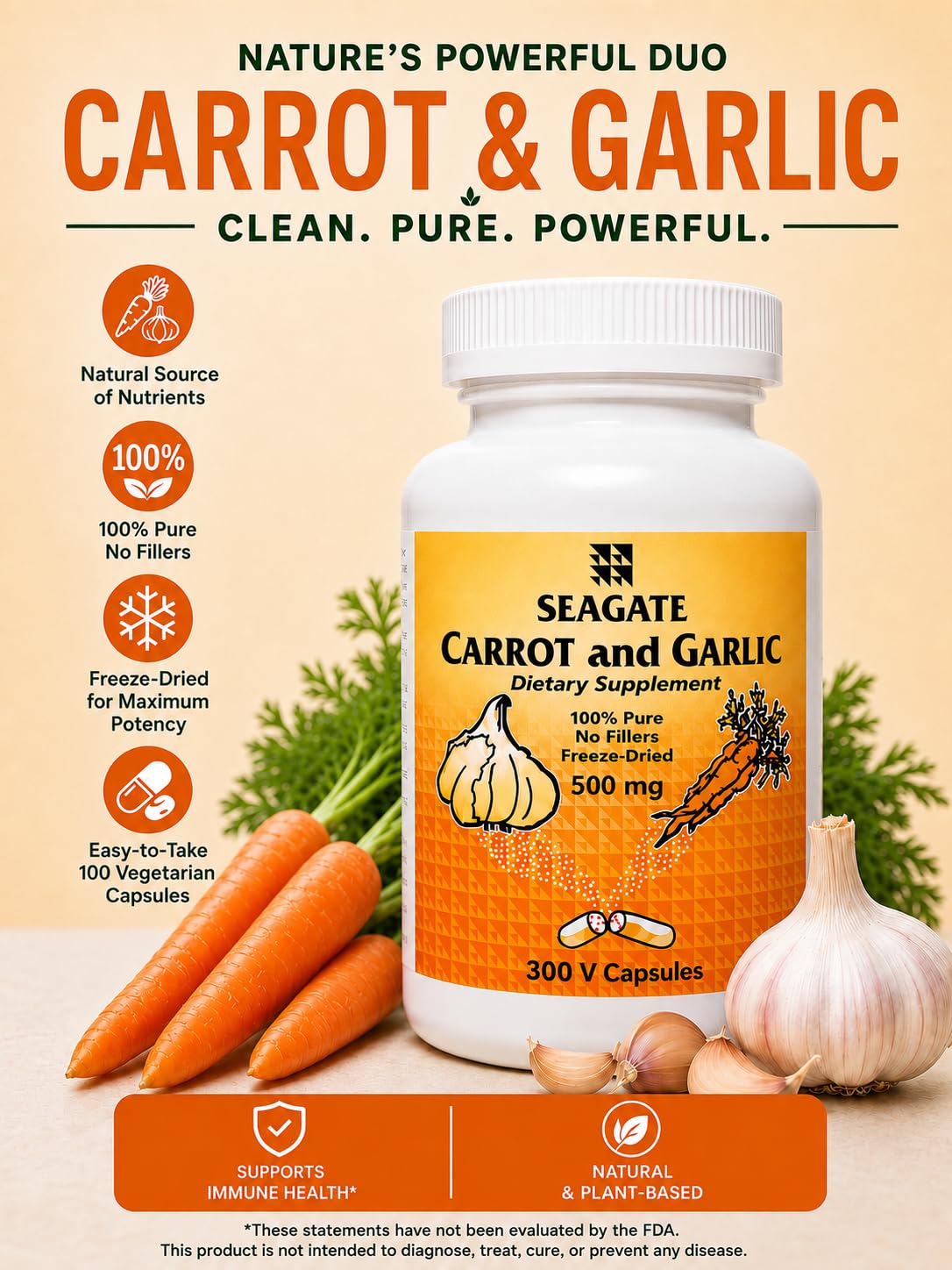 SEAGATE Carrot and Garlic 500mg Capsules 300 Count