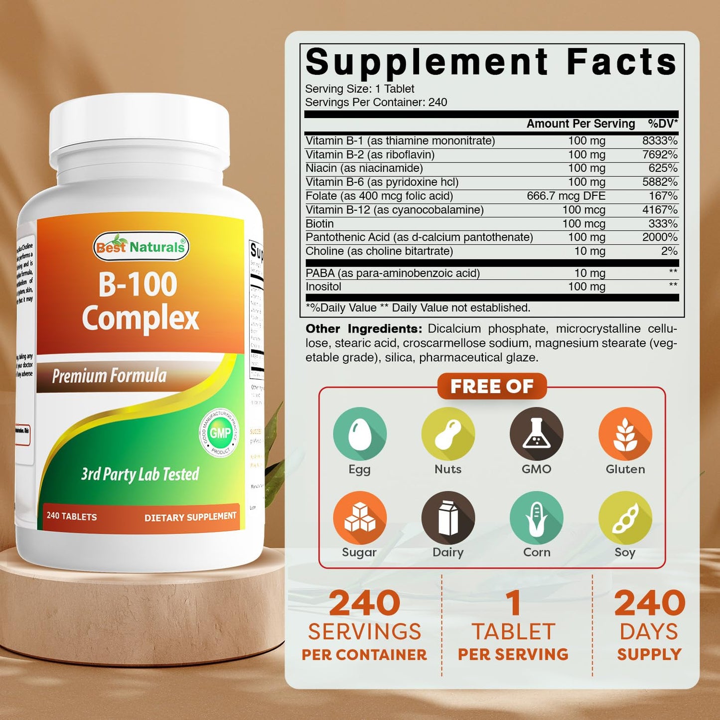 Best Naturals Vitamin B Complex with Inositol, PABA 240 Tablets