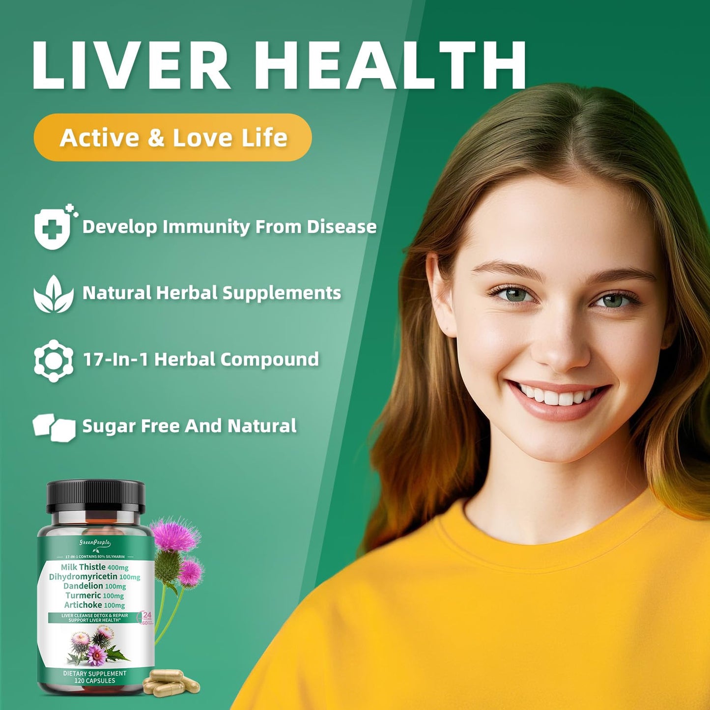 GREENPEOPLE Lymph-Liver Cleanse Detox & Repair Milk Thistle 30X Extract, 80% Silymarin with Vitamin & 95% Curcuminoids, 120 Capsules